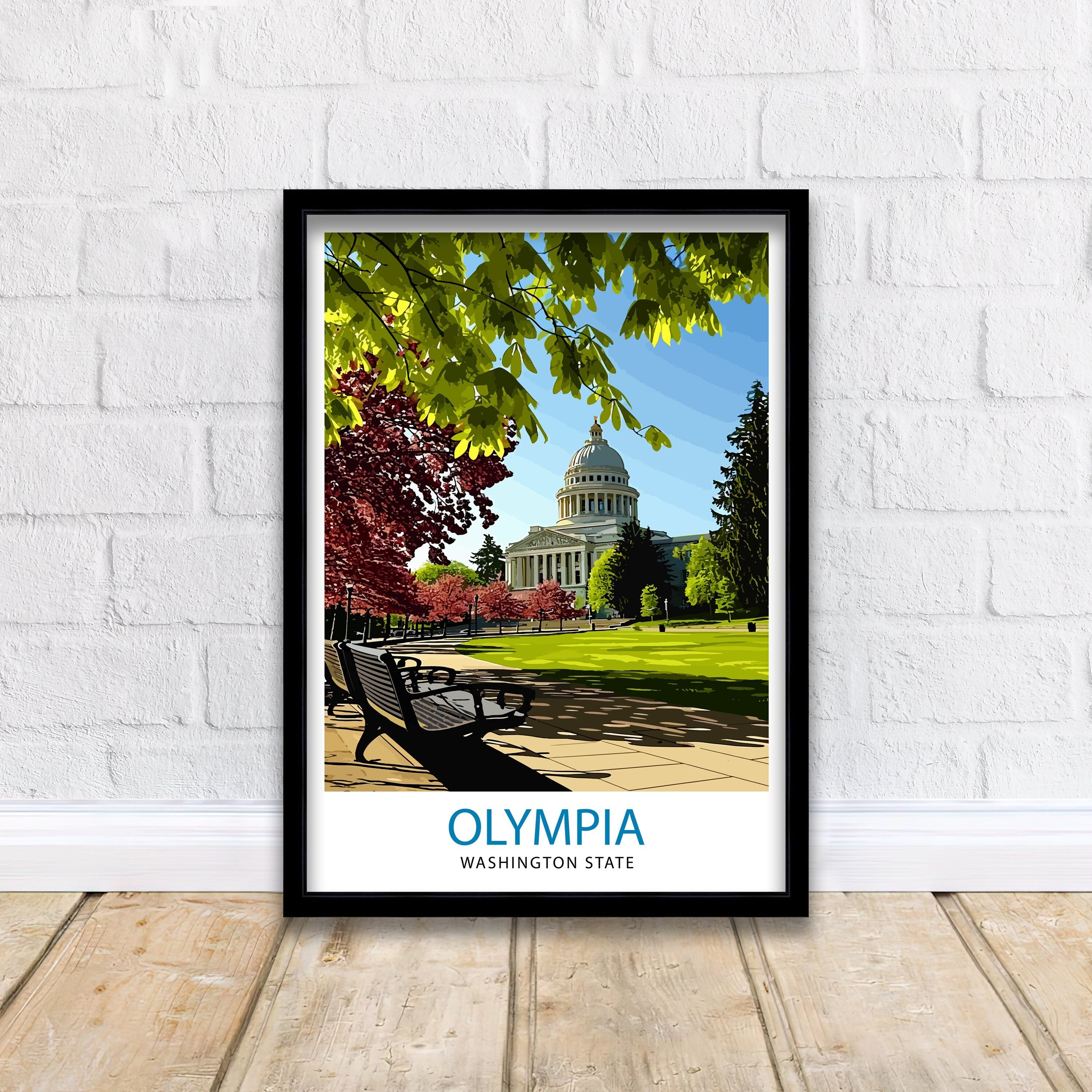 Olympia Washington State Print Capital City Art Puget Sound Landscape Poster Pacific Northwest Wall Decor Olympia Cityscape Illustration