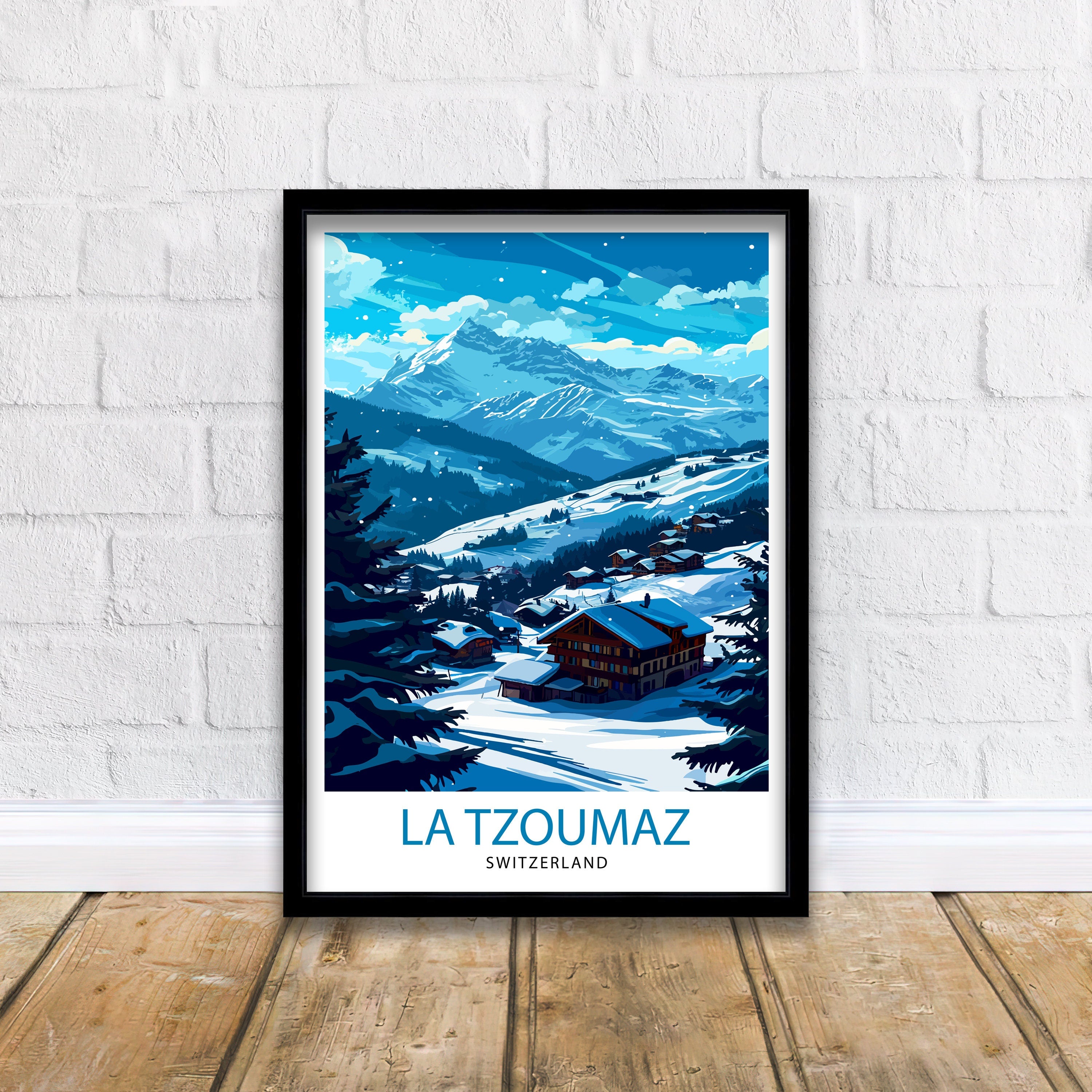La Tzoumaz Switzerland Print Alpine Village Art Swiss Ski Resort Poster Mountain Landscape Wall Decor Verbier 4 Valleys Illustration Winter