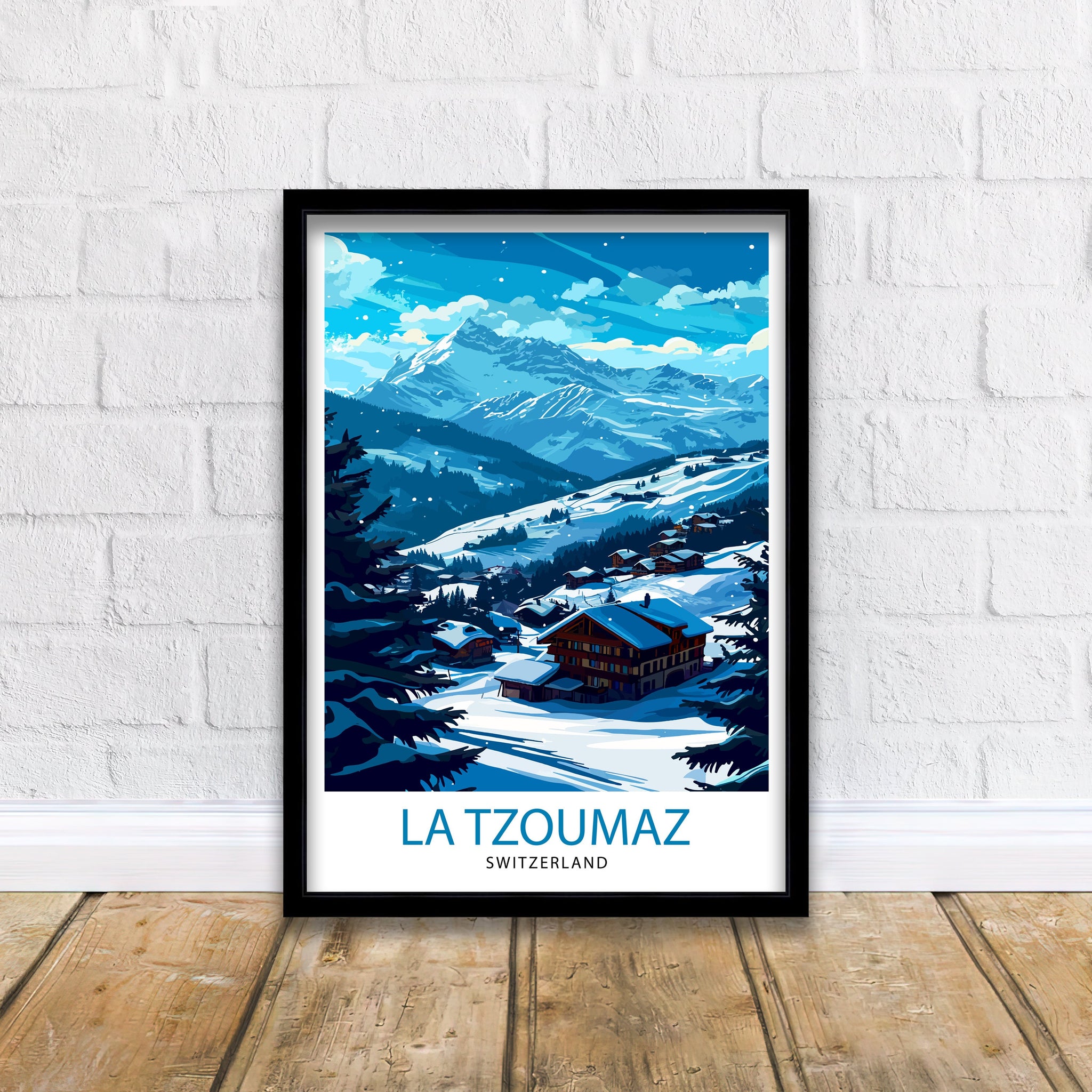La Tzoumaz Switzerland Print Alpine Village Art Swiss Ski Resort Poster Mountain Landscape Wall Decor Verbier 4 Valleys Illustration Winter
