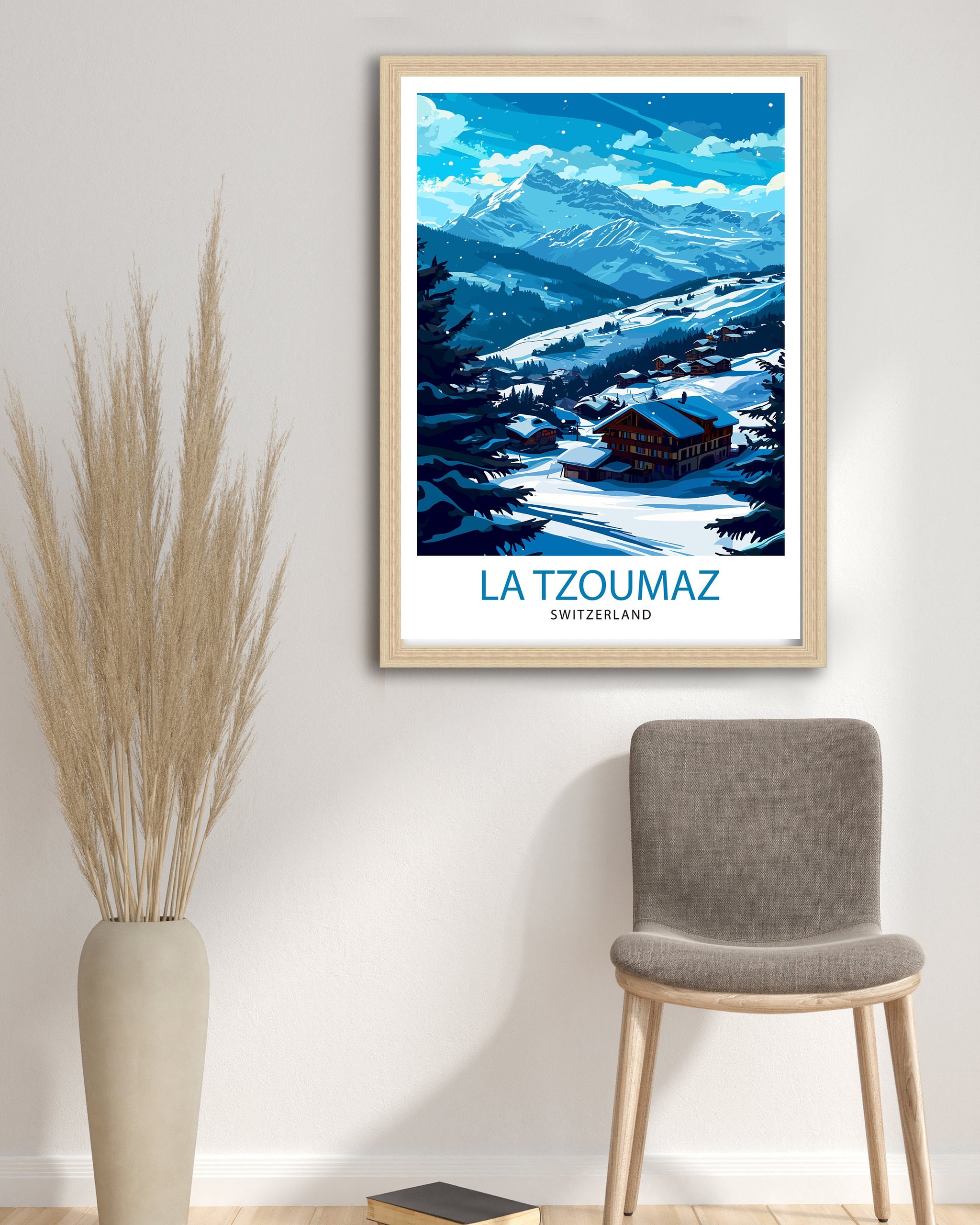 La Tzoumaz Switzerland Print Alpine Village Art Swiss Ski Resort Poster Mountain Landscape Wall Decor Verbier 4 Valleys Illustration Winter