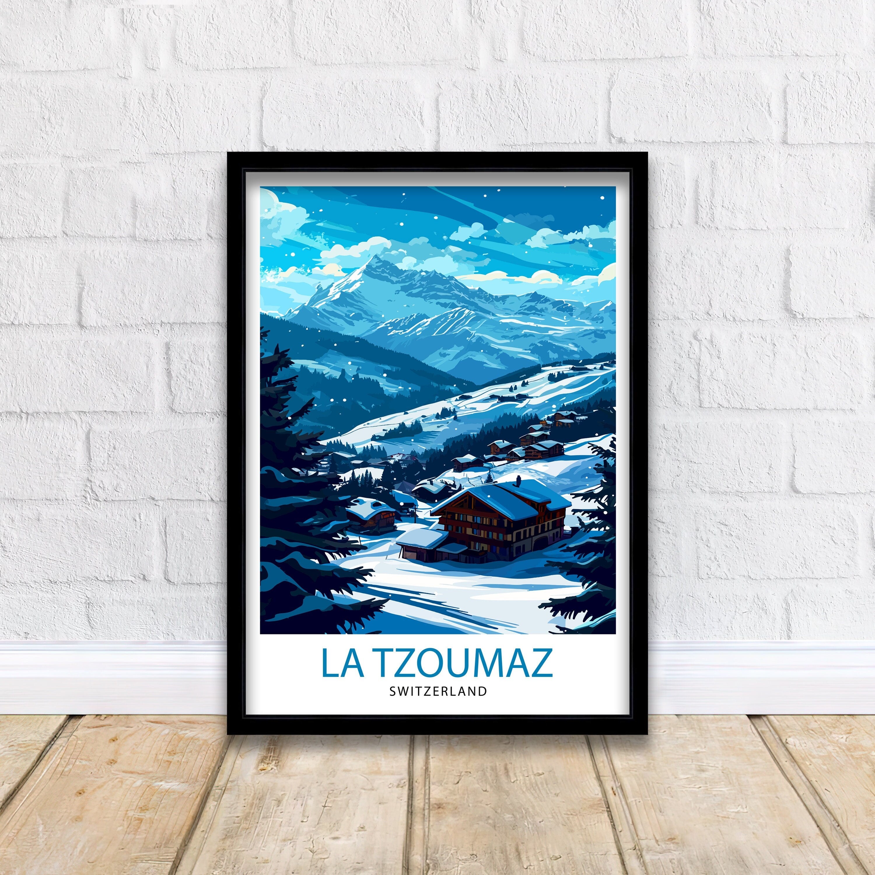 La Tzoumaz Switzerland Print Alpine Village Art Swiss Ski Resort Poster Mountain Landscape Wall Decor Verbier 4 Valleys Illustration Winter