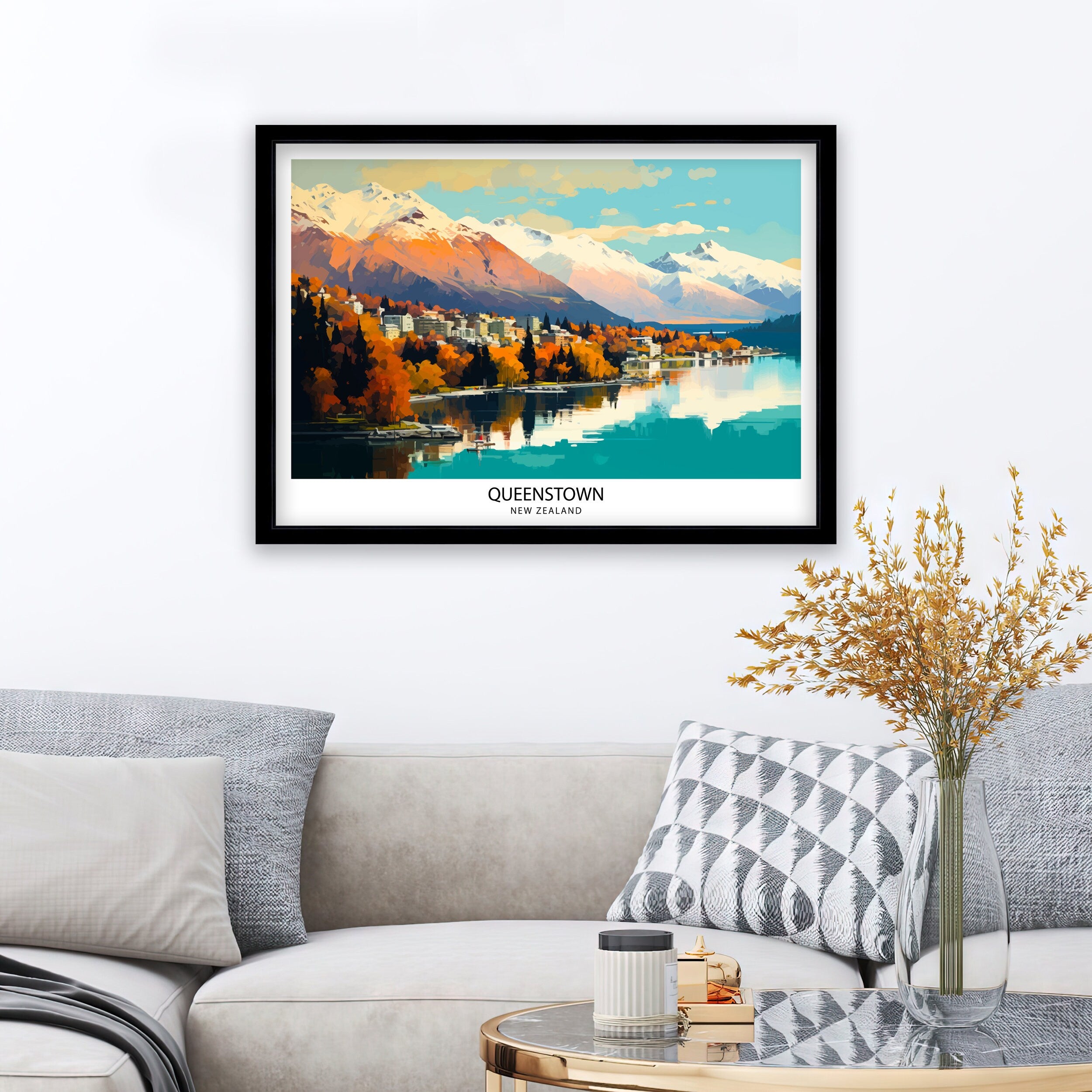 Queenstown New Zealand Print| Adventure Capital Poster Lake Wakatipu Wall Art Remarkables Mountain Decor Kiwi Travel Illustration Outdoor