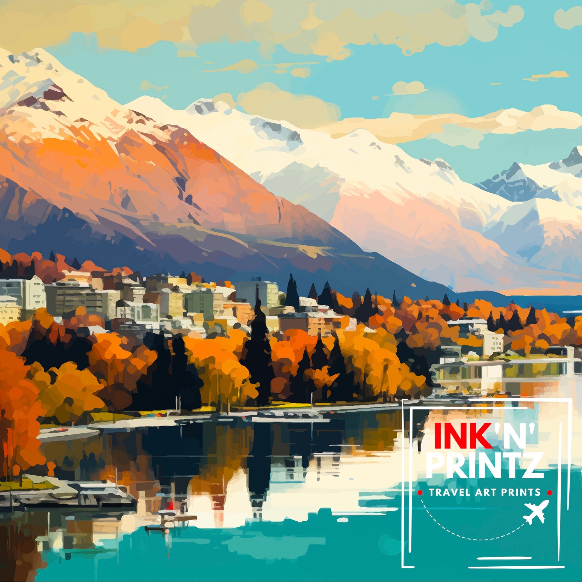 Queenstown New Zealand Print| Adventure Capital Poster Lake Wakatipu Wall Art Remarkables Mountain Decor Kiwi Travel Illustration Outdoor