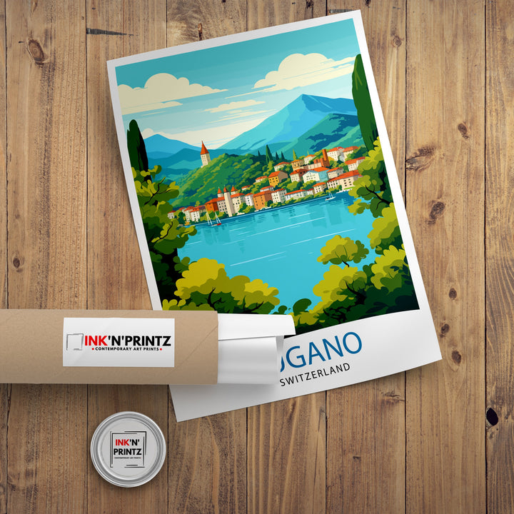 Lugano Switzerland Poster Lake Lugano Art Swiss Cityscape Poster Ticino Region