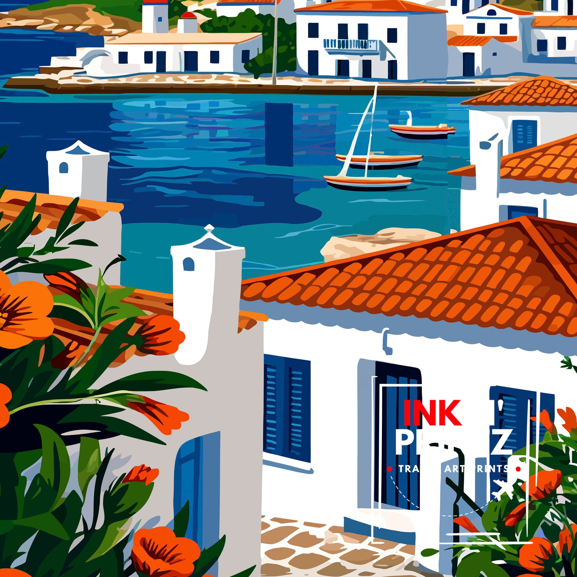 Paros Greece Print Greek Island Art Cyclades Seascape Poster Paros Beach Wall Decor Aegean Sea Illustration Mediterranean Travel Artwork