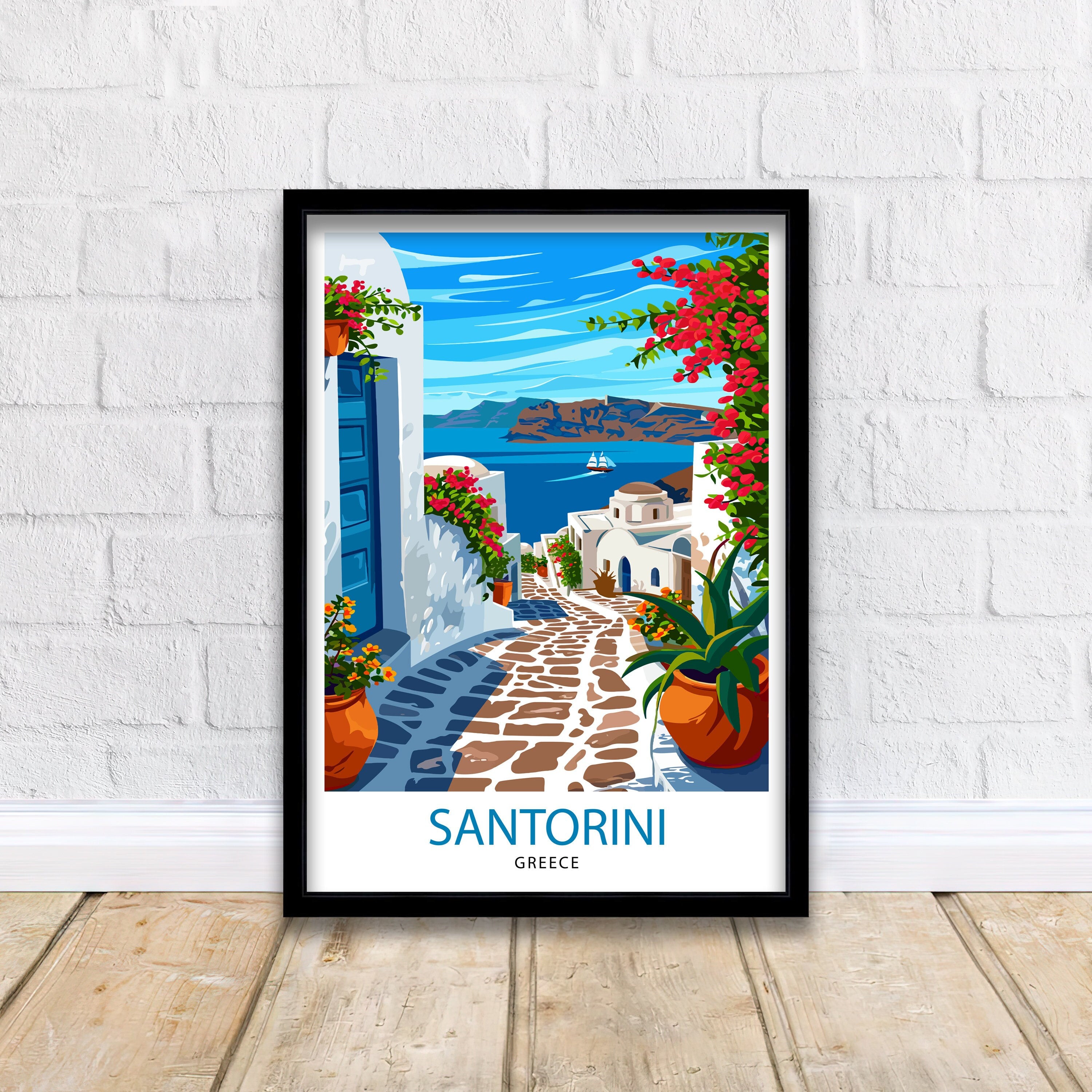 Santorini Greece Travel Print Santorini Wall Decor Santorini Island Poster Greece Travel Prints Santorini Art Print Santorini Illustration