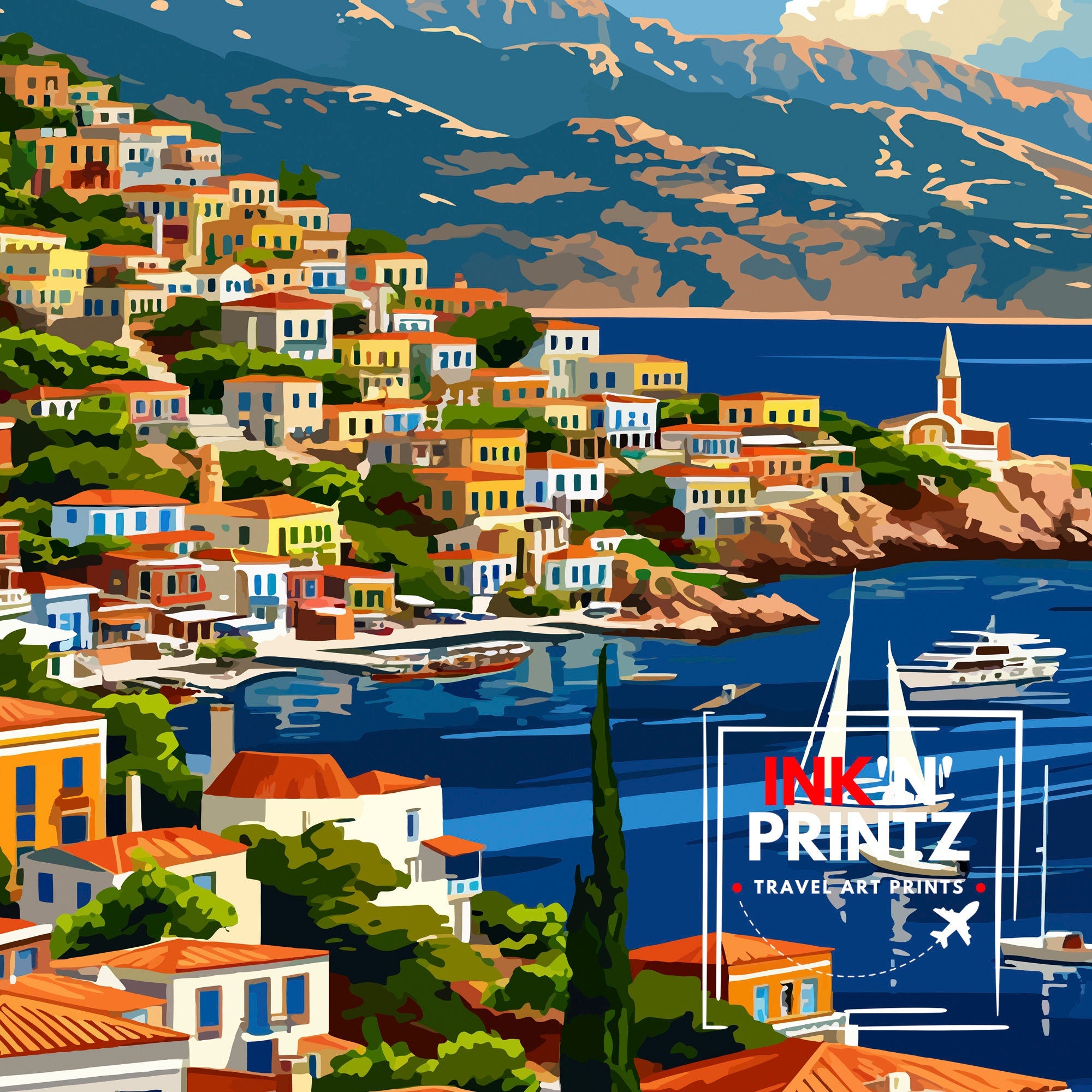 Symi Greece Travel Print Symi Island Wall Decor Greek Island Poster Greece Travel Prints Symi Art Print Symi Illustration Symi Wall