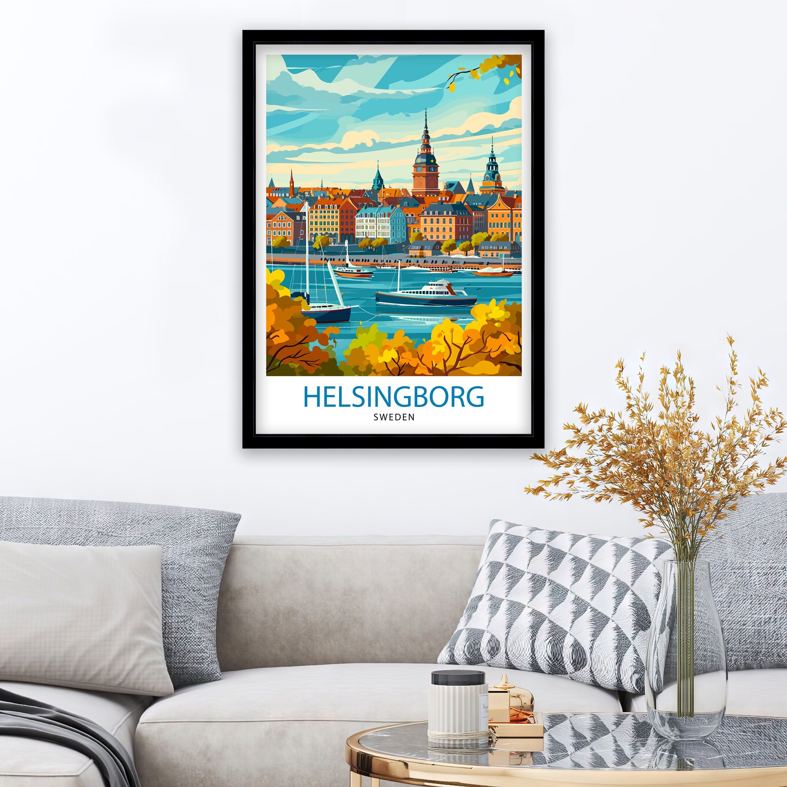Helsingborg Sweden Print Scenic Swedish City Art Öresund Strait Poster Helsingborg Harbor Wall Decor Swedish Architecture Illustration