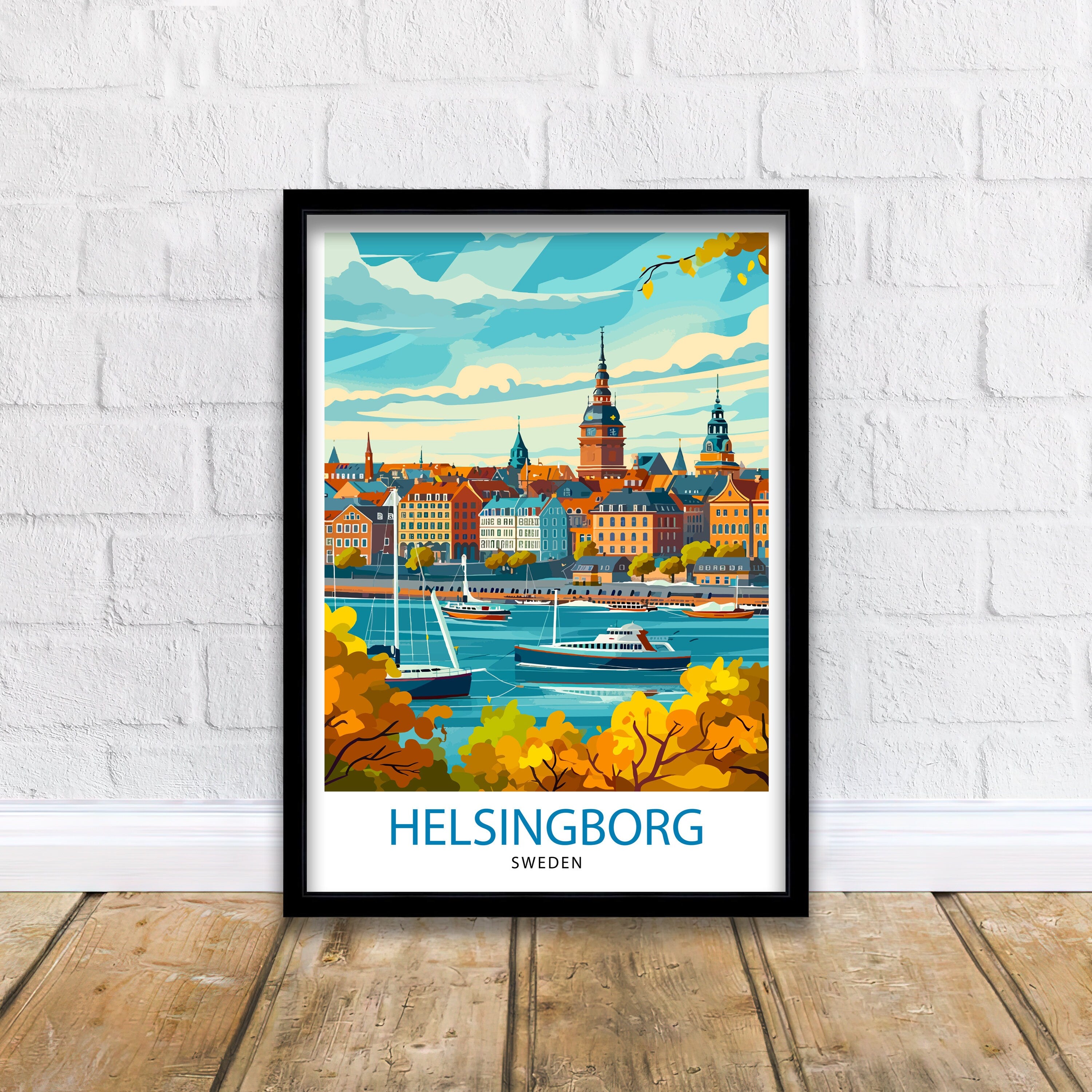 Helsingborg Sweden Print Scenic Swedish City Art Öresund Strait Poster Helsingborg Harbor Wall Decor Swedish Architecture Illustration