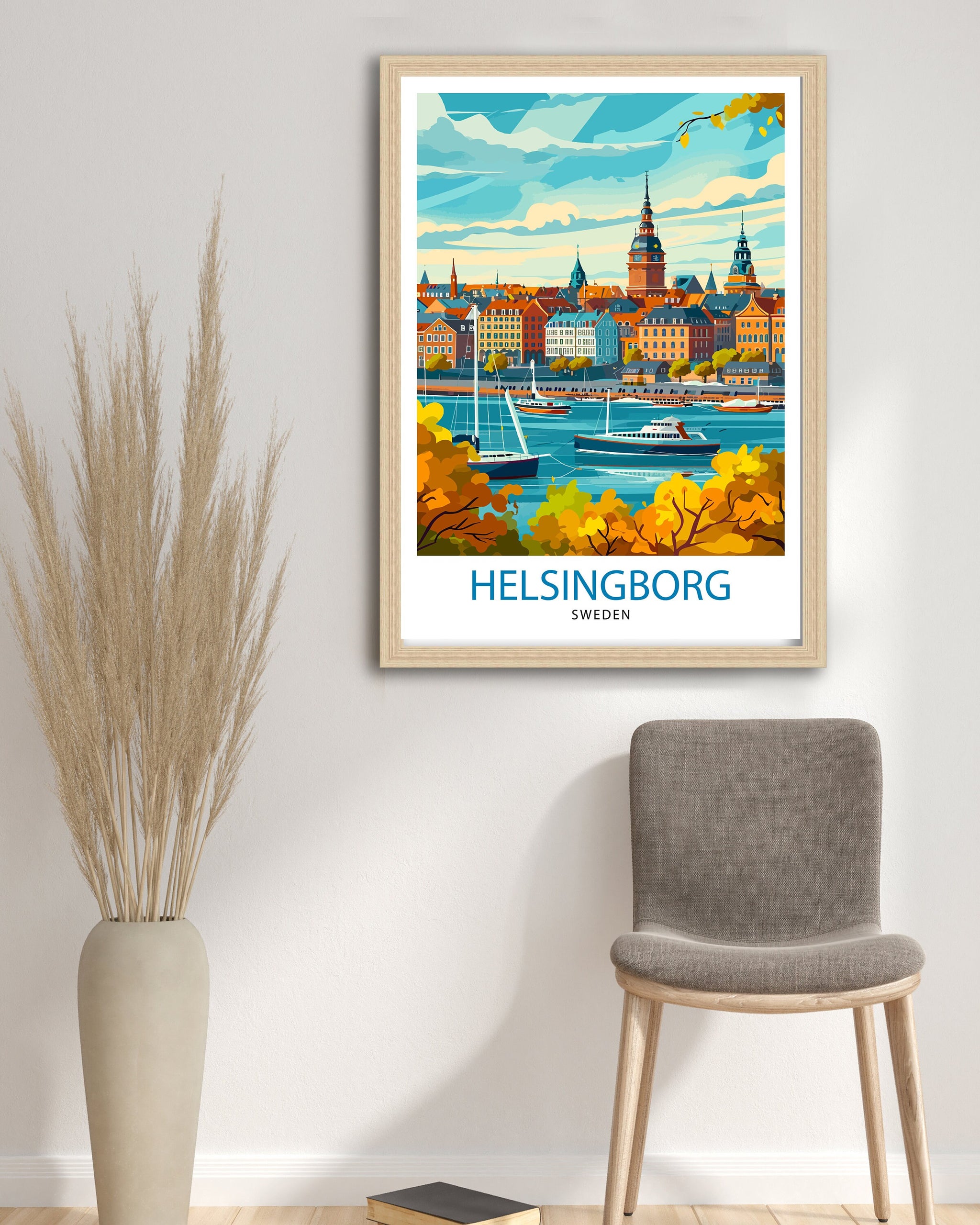 Helsingborg Sweden Print Scenic Swedish City Art Öresund Strait Poster Helsingborg Harbor Wall Decor Swedish Architecture Illustration