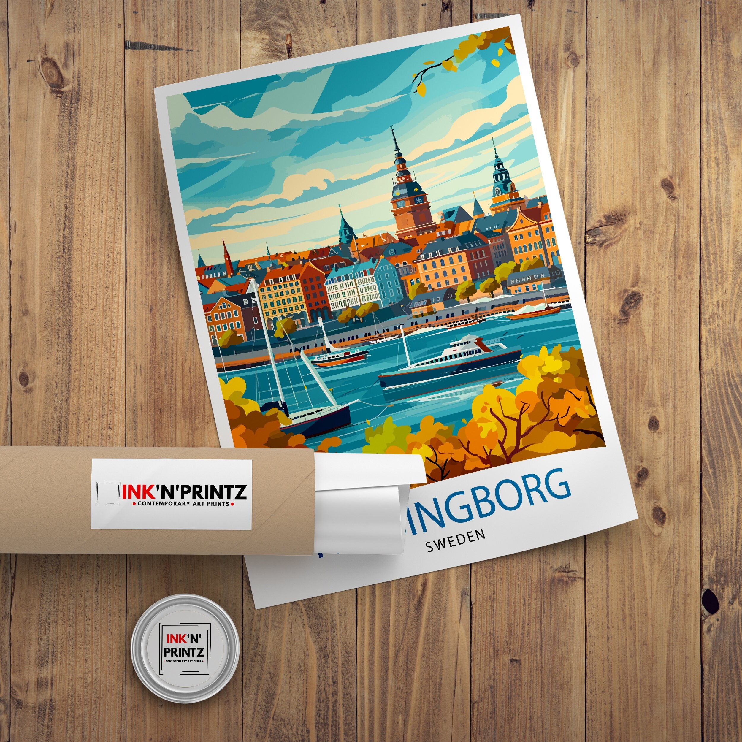 Helsingborg Sweden Print Scenic Swedish City Art Öresund Strait Poster Helsingborg Harbor Wall Decor Swedish Architecture Illustration