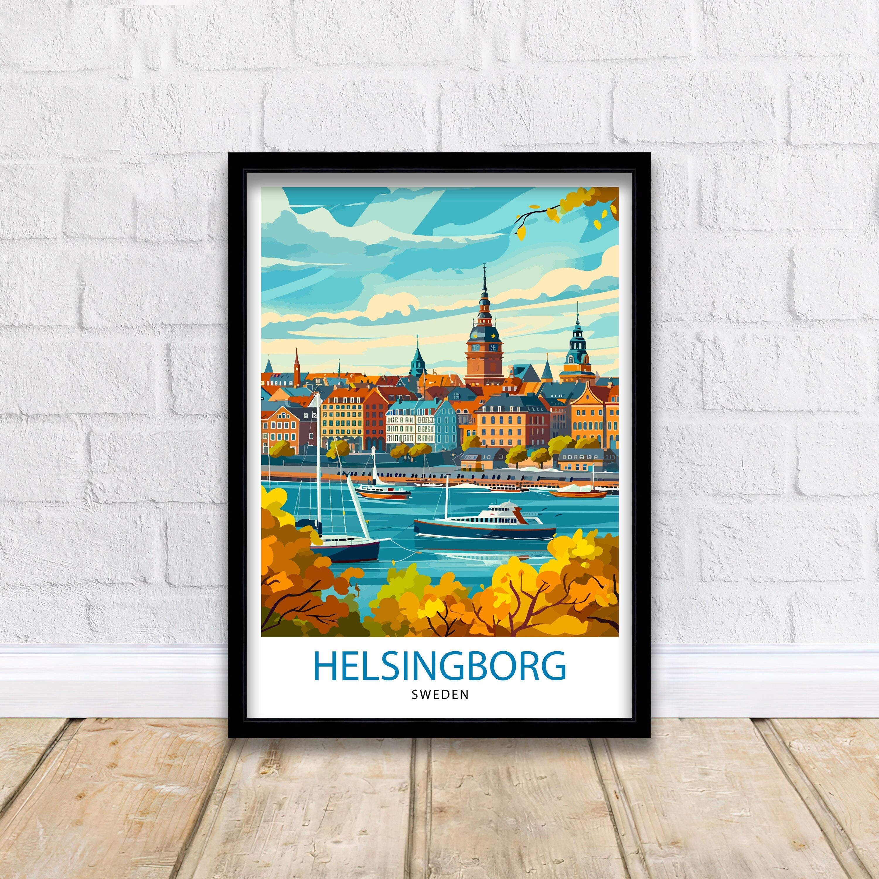 Helsingborg Sweden Print Scenic Swedish City Art Öresund Strait Poster Helsingborg Harbor Wall Decor Swedish Architecture Illustration