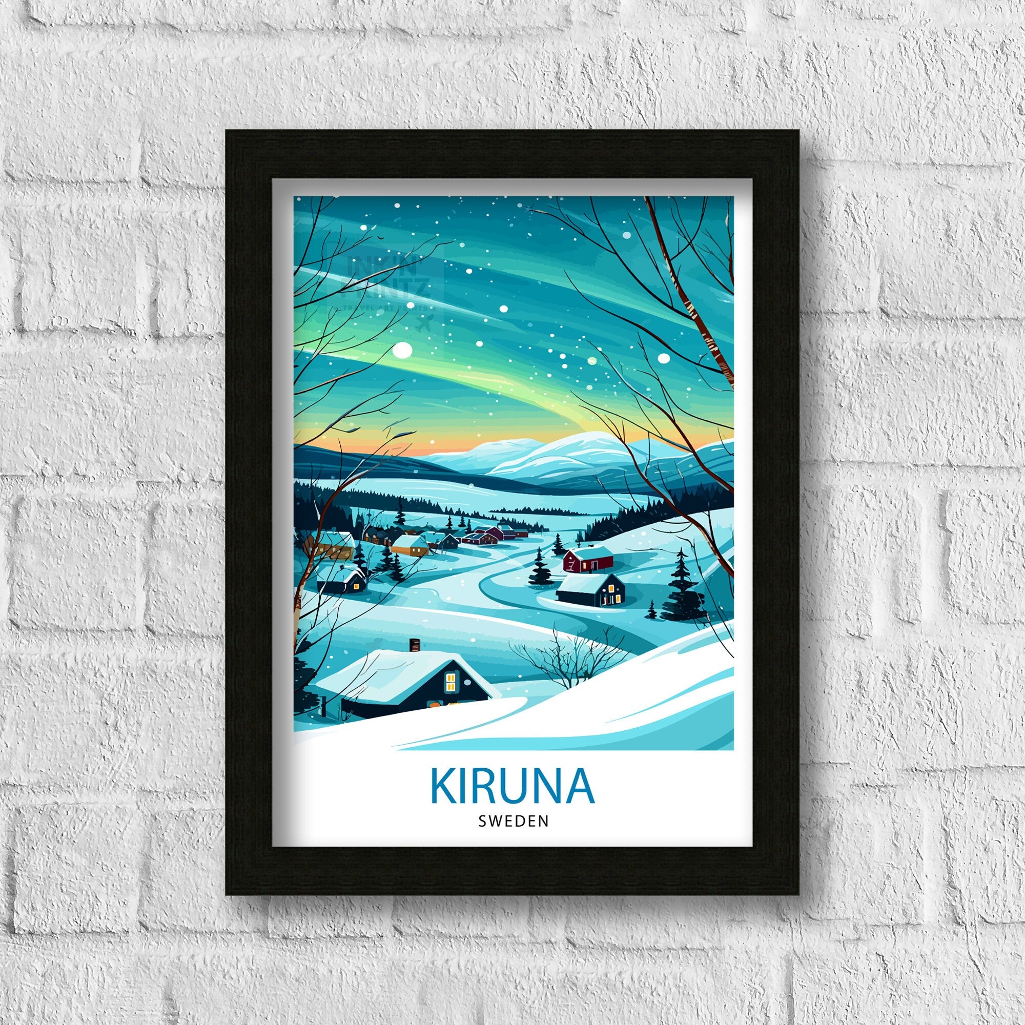 Kiruna Sweden Print Arctic Circle City Art Swedish Lapland Poster Northern Lights Wall Decor Sami Culture Illustration Scandinavian