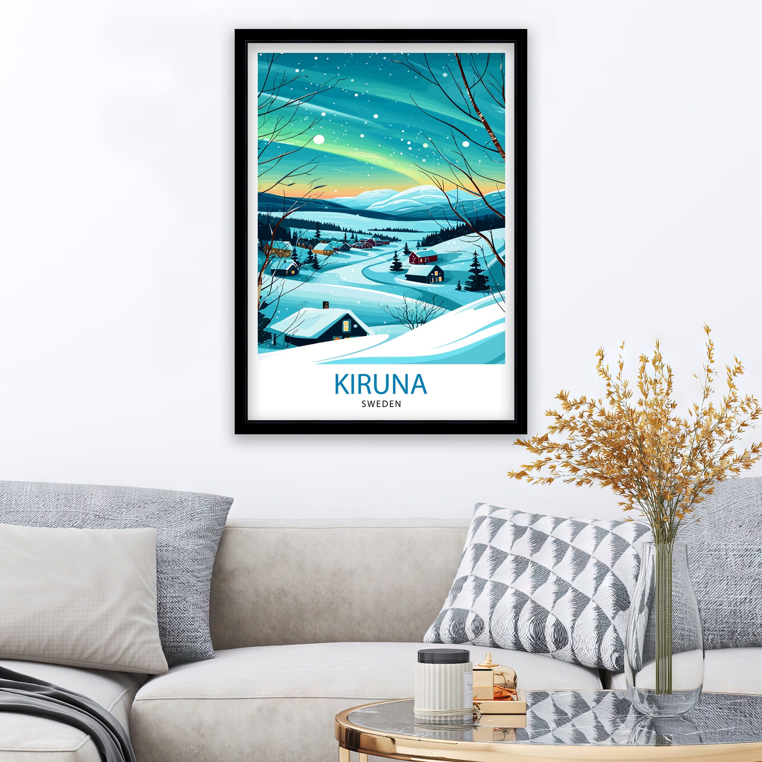 Kiruna Sweden Print Arctic Circle City Art Swedish Lapland Poster Northern Lights Wall Decor Sami Culture Illustration Scandinavian