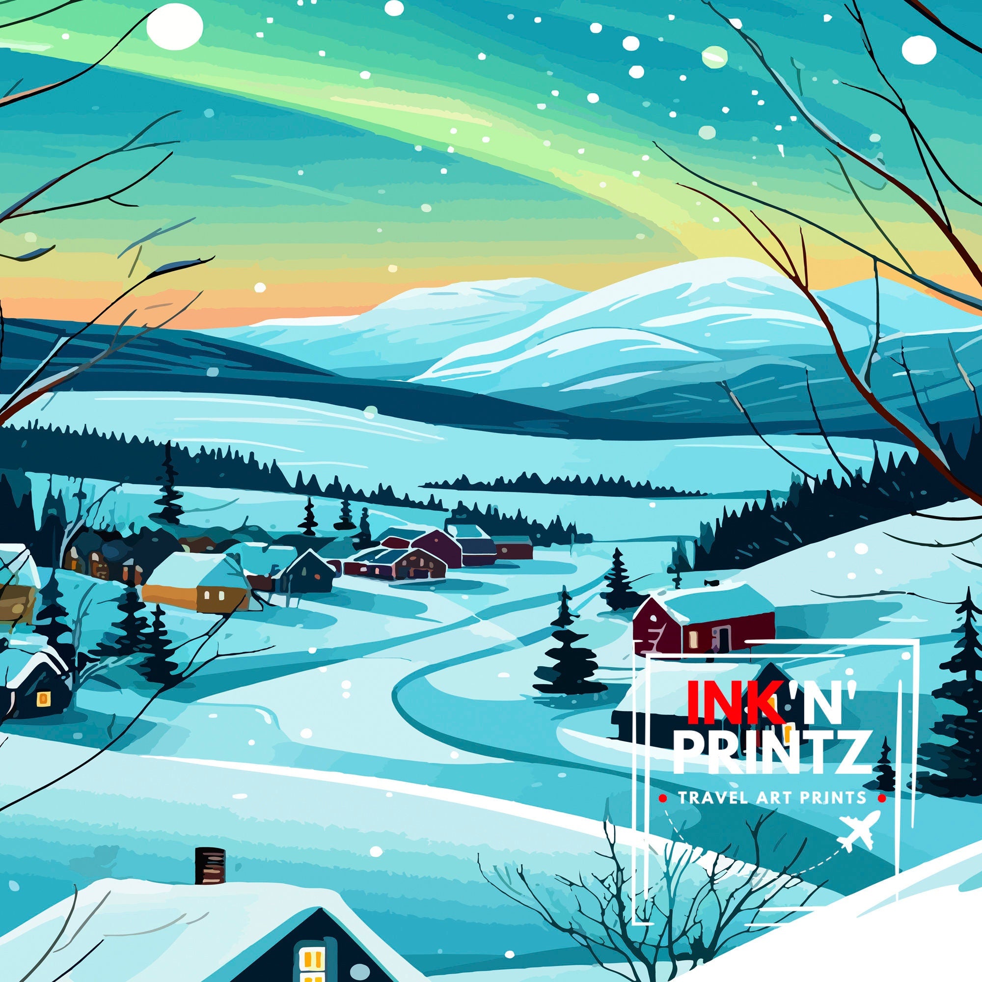 Kiruna Sweden Print Arctic Circle City Art Swedish Lapland Poster Northern Lights Wall Decor Sami Culture Illustration Scandinavian