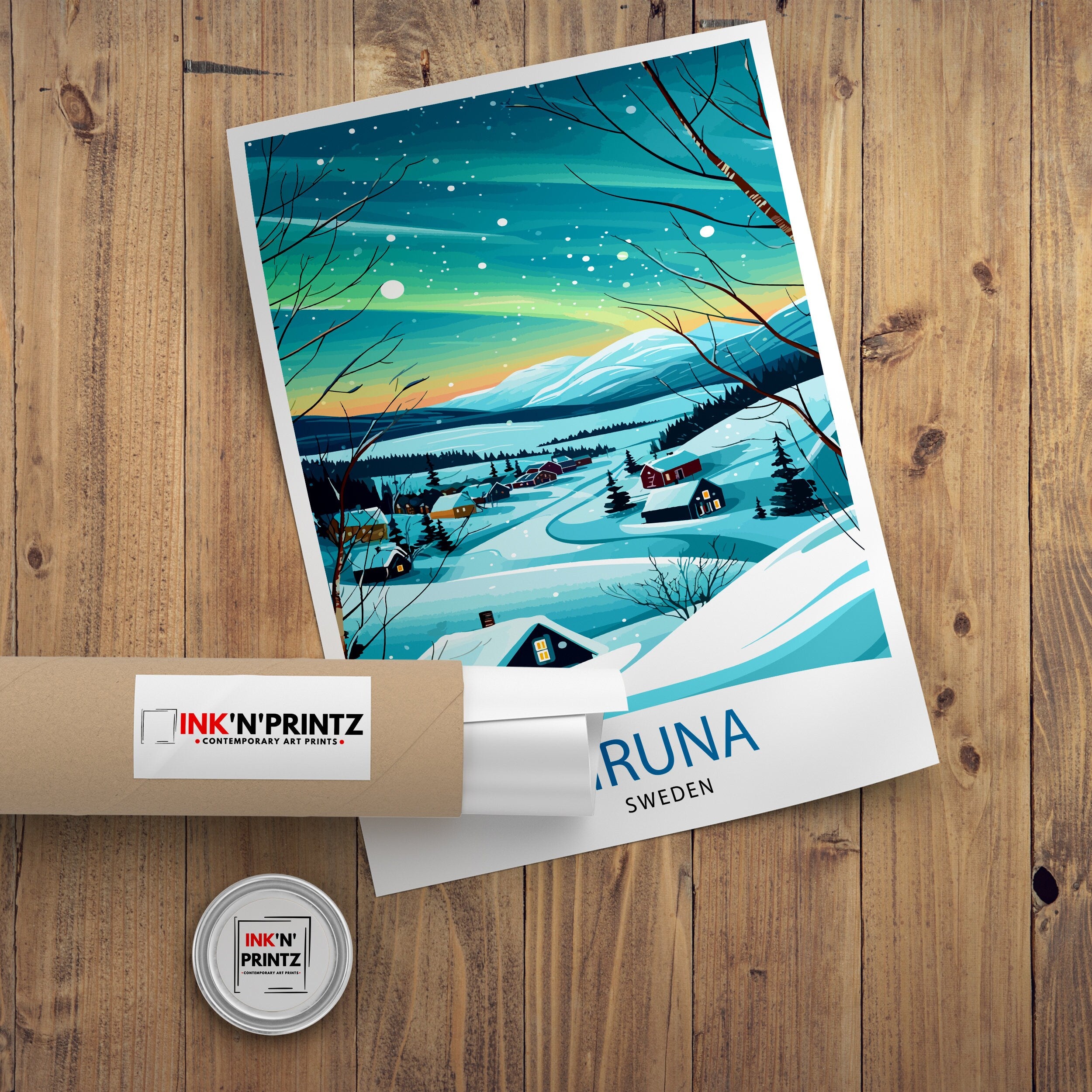 Kiruna Sweden Print Arctic Circle City Art Swedish Lapland Poster Northern Lights Wall Decor Sami Culture Illustration Scandinavian