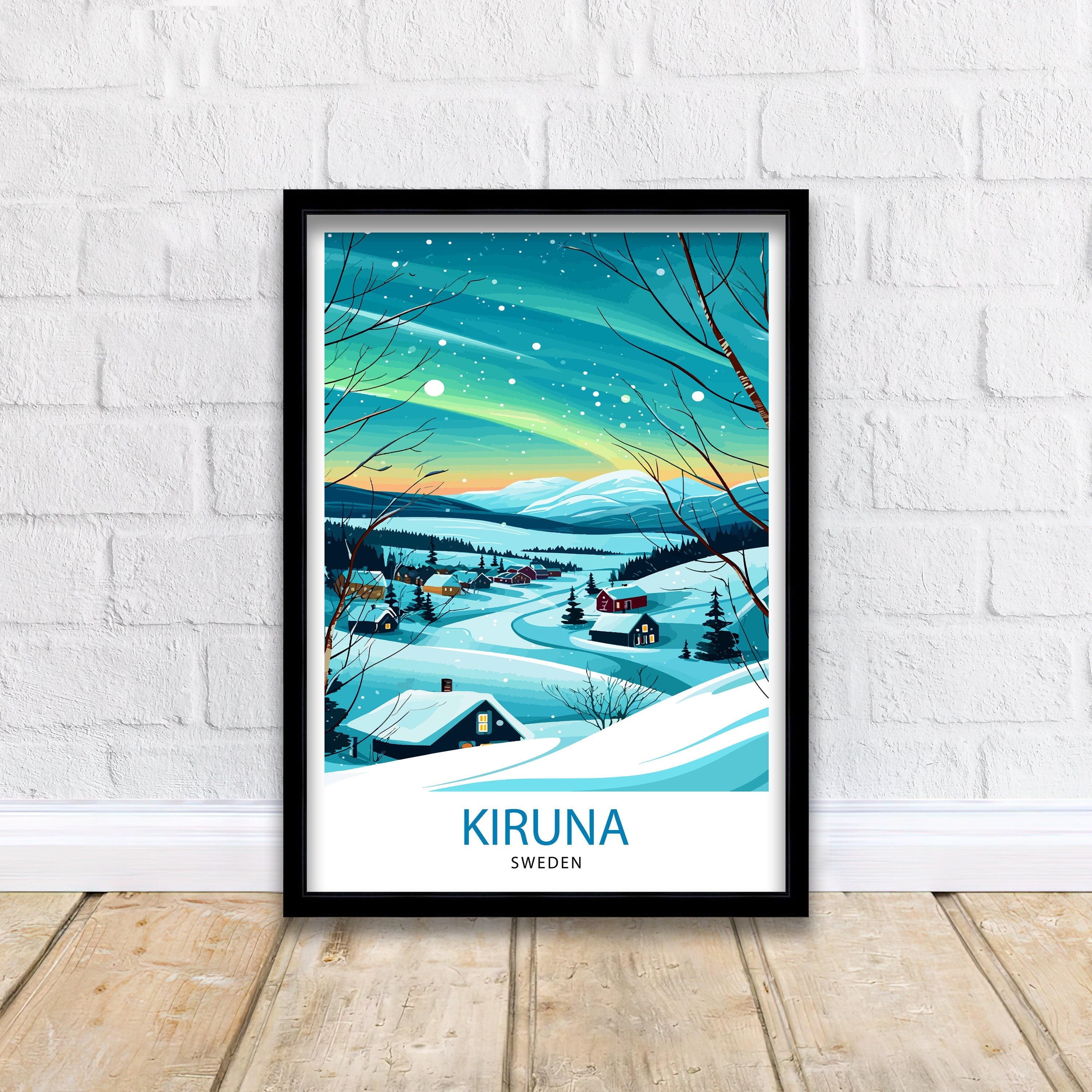 Kiruna Sweden Print Arctic Circle City Art Swedish Lapland Poster Northern Lights Wall Decor Sami Culture Illustration Scandinavian