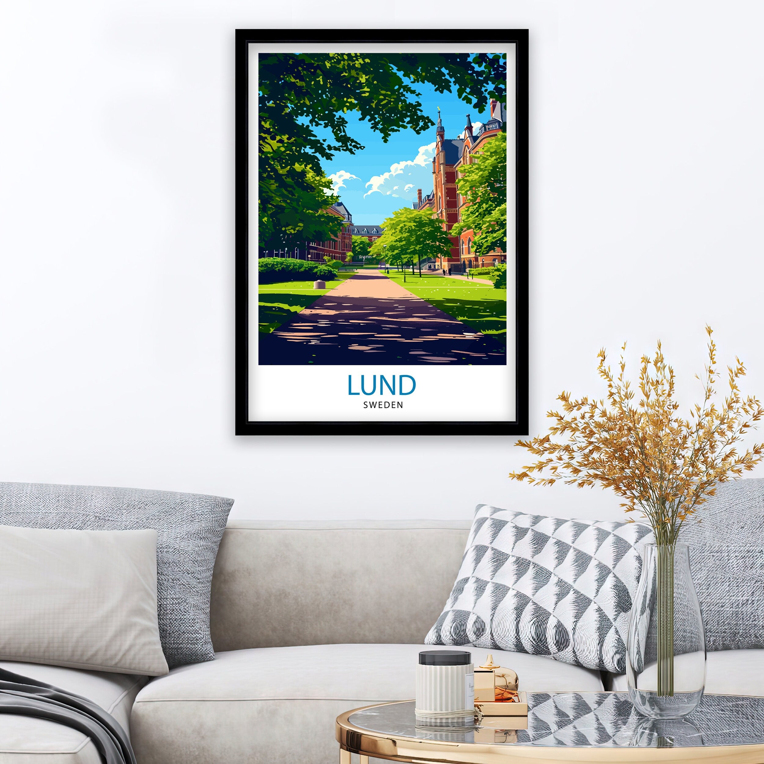 Lund Sweden Print Charming University Town Art Historical Swedish City Poster Scenic Cobblestone Streets Wall Decor Lund Cathedral