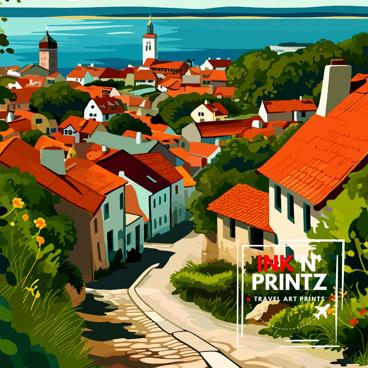 Visby Sweden Print Medieval Town Art Gotland Island Poster Historic City Wall Decor Swedish Heritage Illustration Baltic Sea Town Artwork