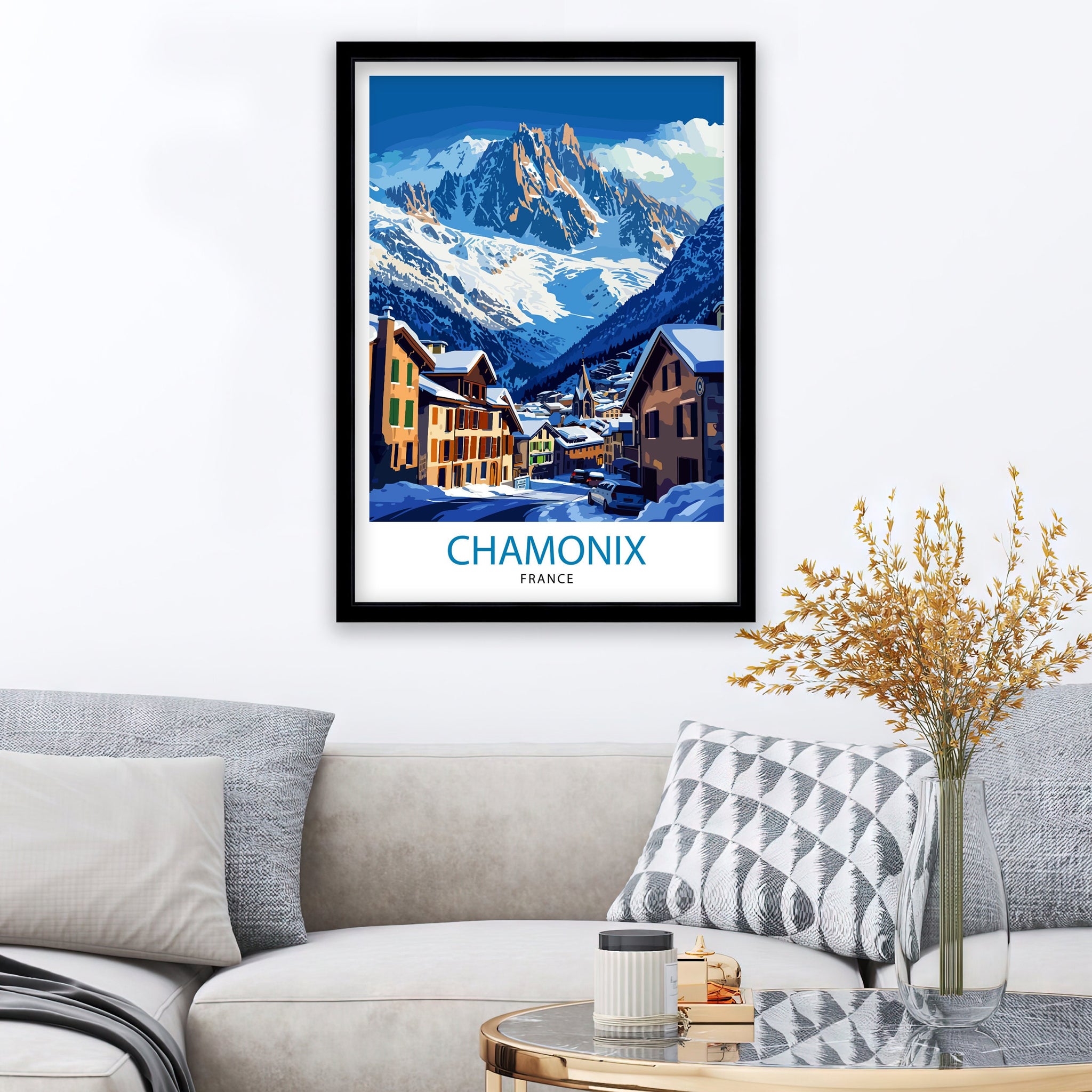 Chamonix France Print Alpine Town Art Mont Blanc Poster French Alps Wall Decor Mountain Resort Illustration Ski Destination Artwork