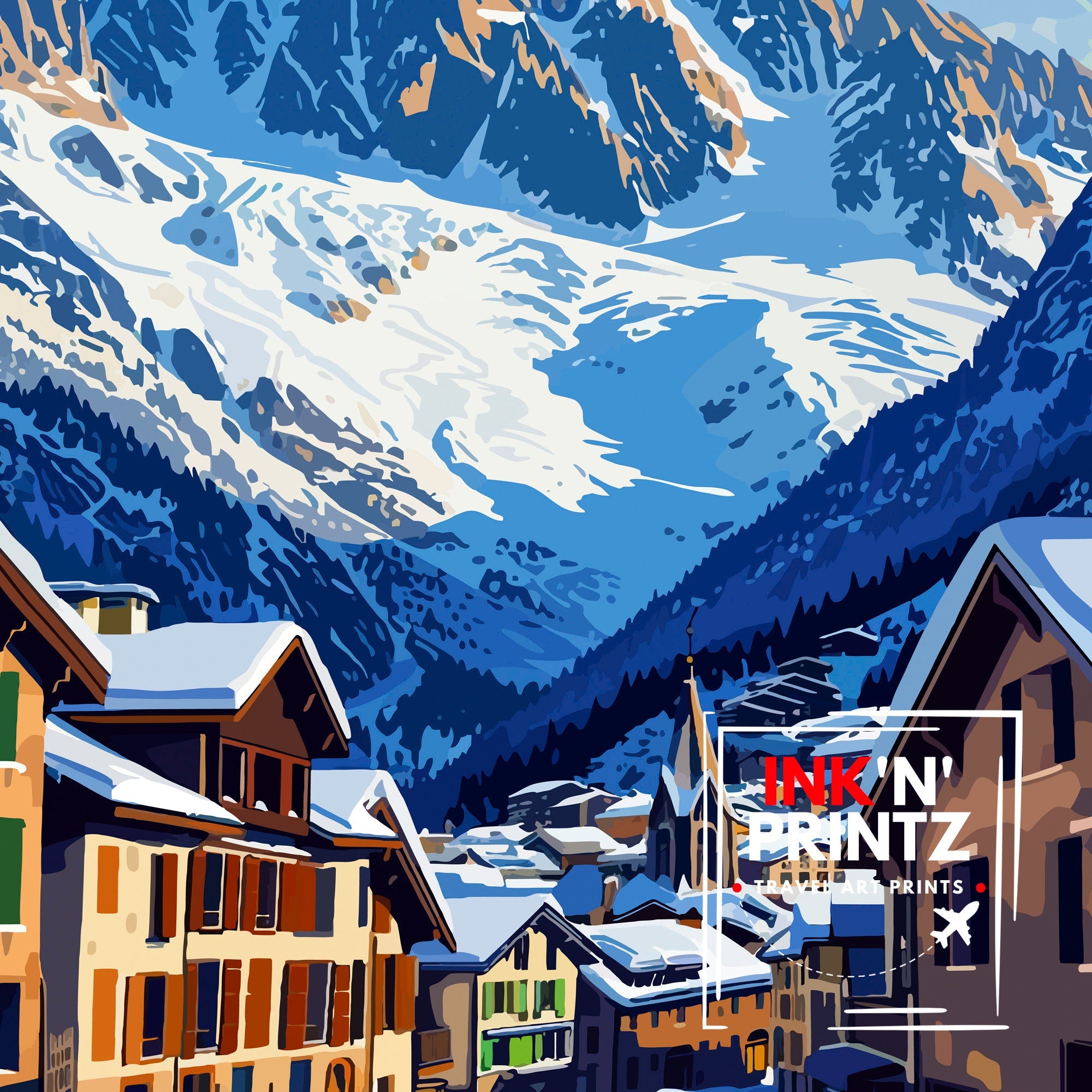 Chamonix France Print Alpine Town Art Mont Blanc Poster French Alps Wall Decor Mountain Resort Illustration Ski Destination Artwork