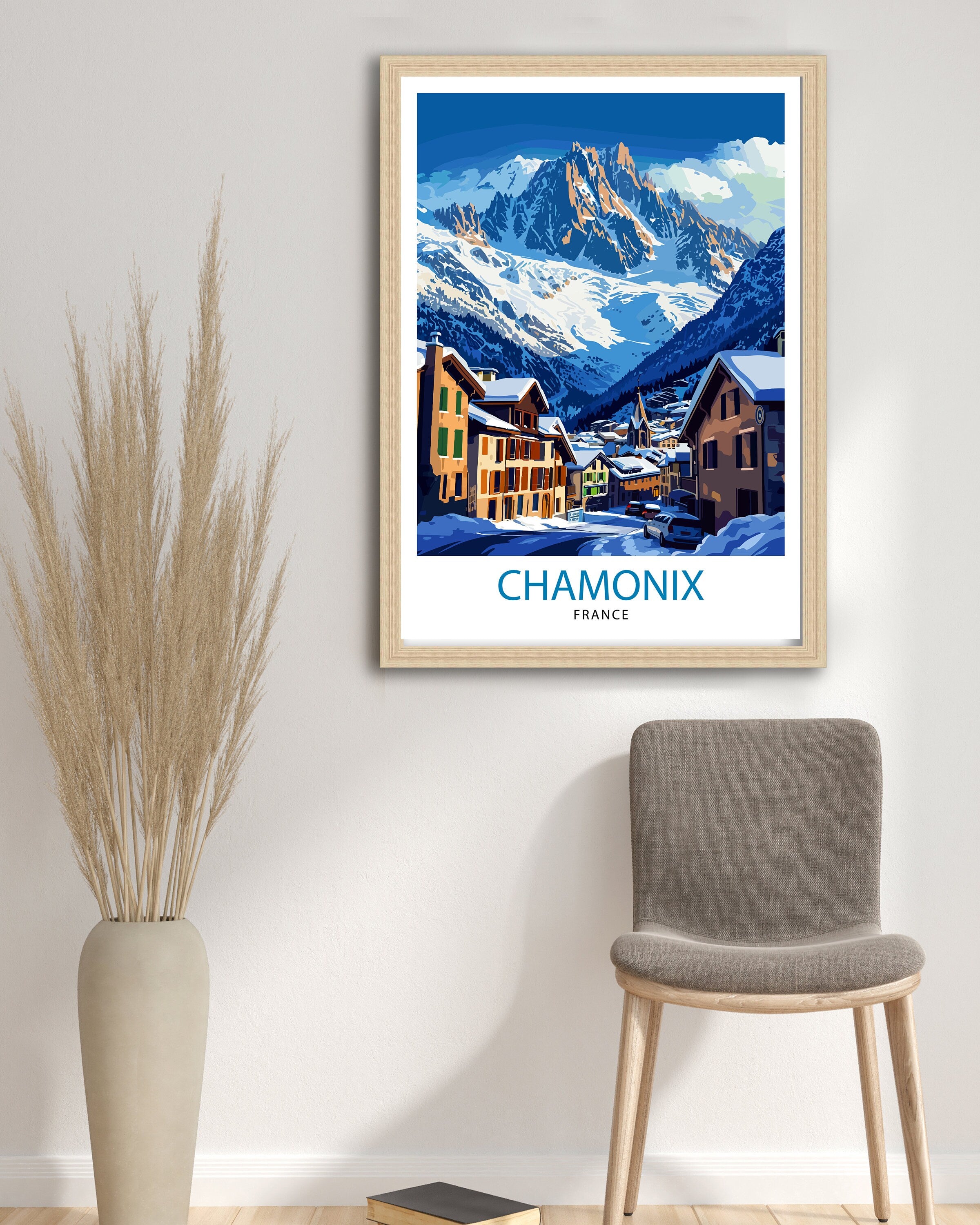 Chamonix France Print Alpine Town Art Mont Blanc Poster French Alps Wall Decor Mountain Resort Illustration Ski Destination Artwork