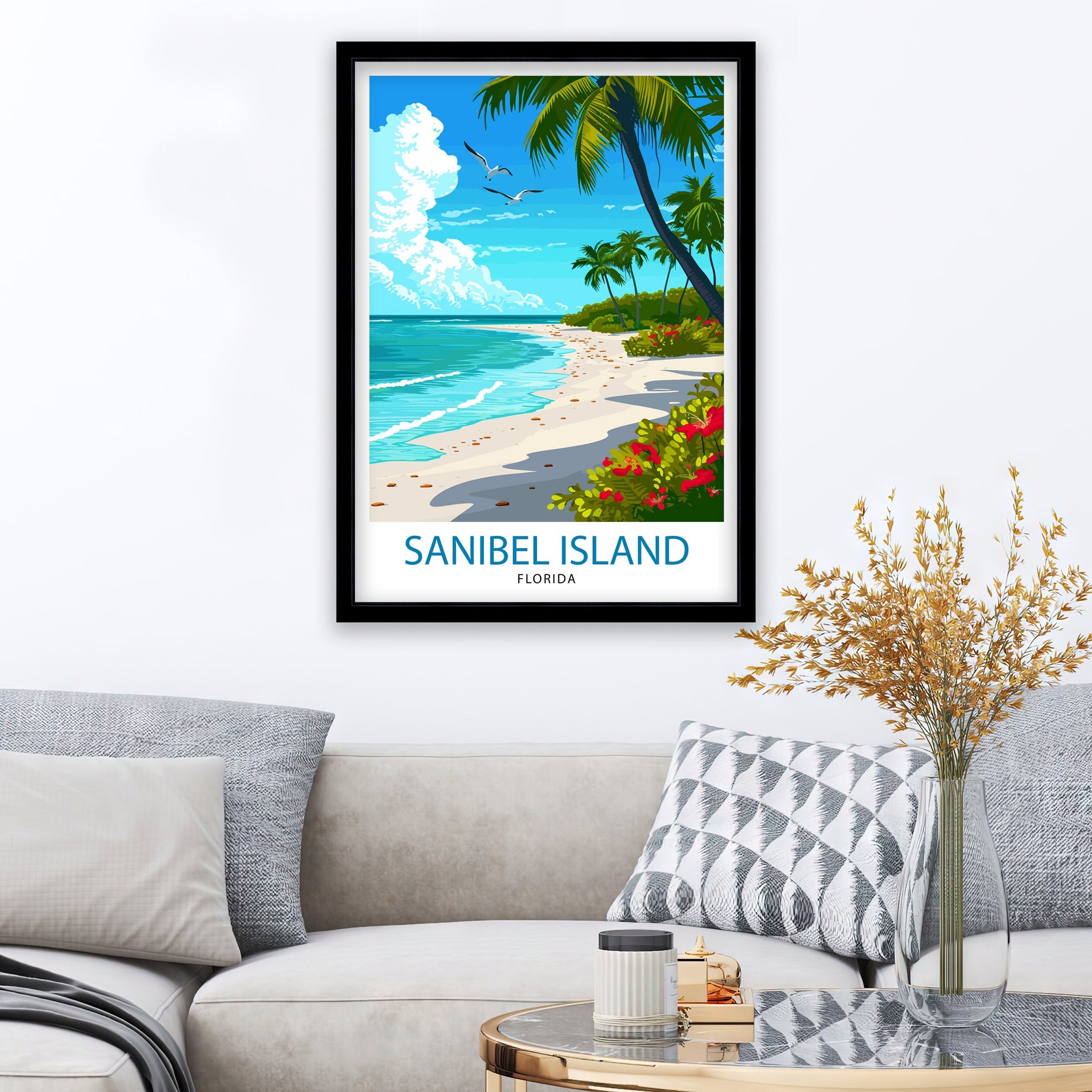 Sanibel Florida Print| Beach Paradise Art Sanibel Island Poster Coastal Wildlife Wall Decor Florida Gulf Coast Illustration Seashell