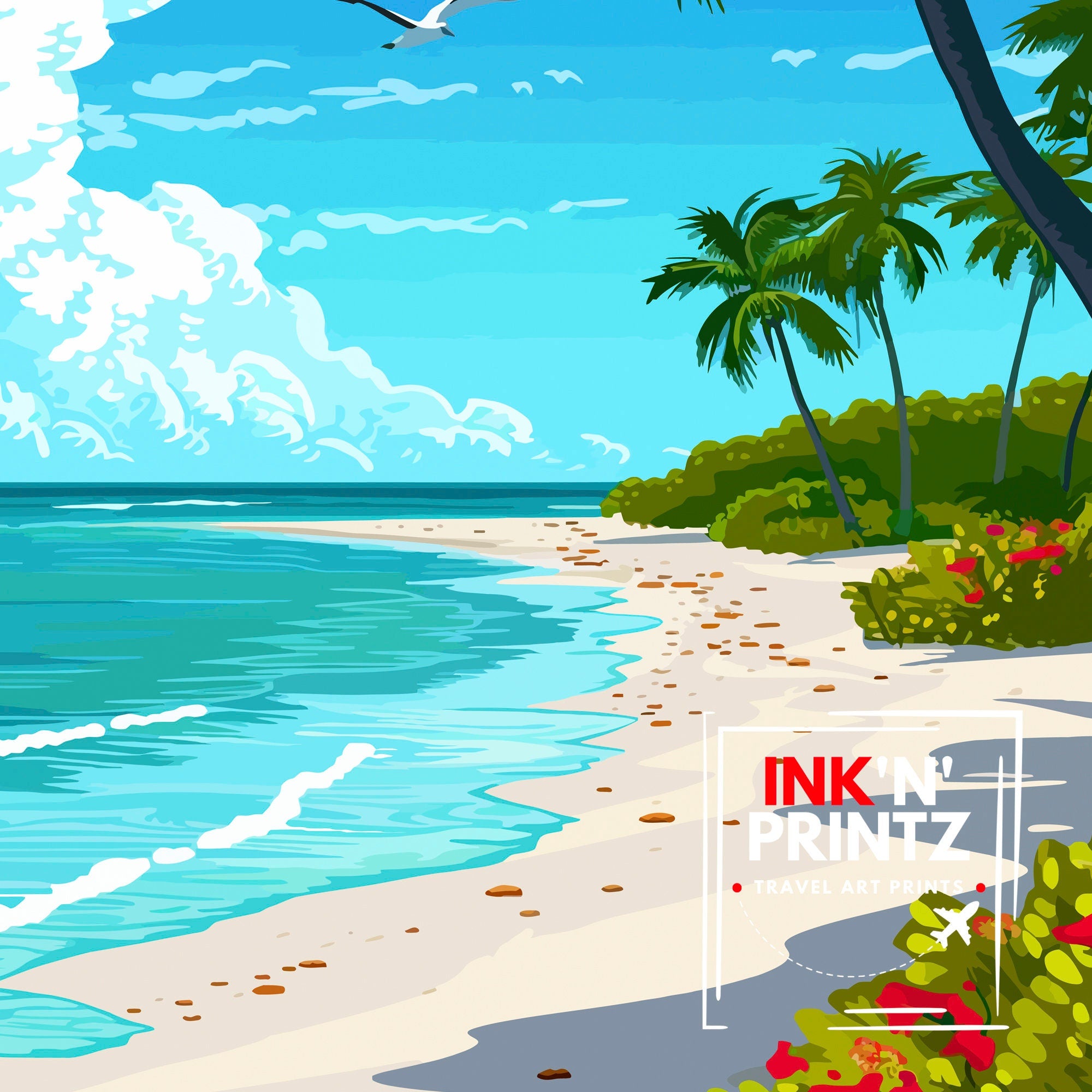 Sanibel Florida Print| Beach Paradise Art Sanibel Island Poster Coastal Wildlife Wall Decor Florida Gulf Coast Illustration Seashell