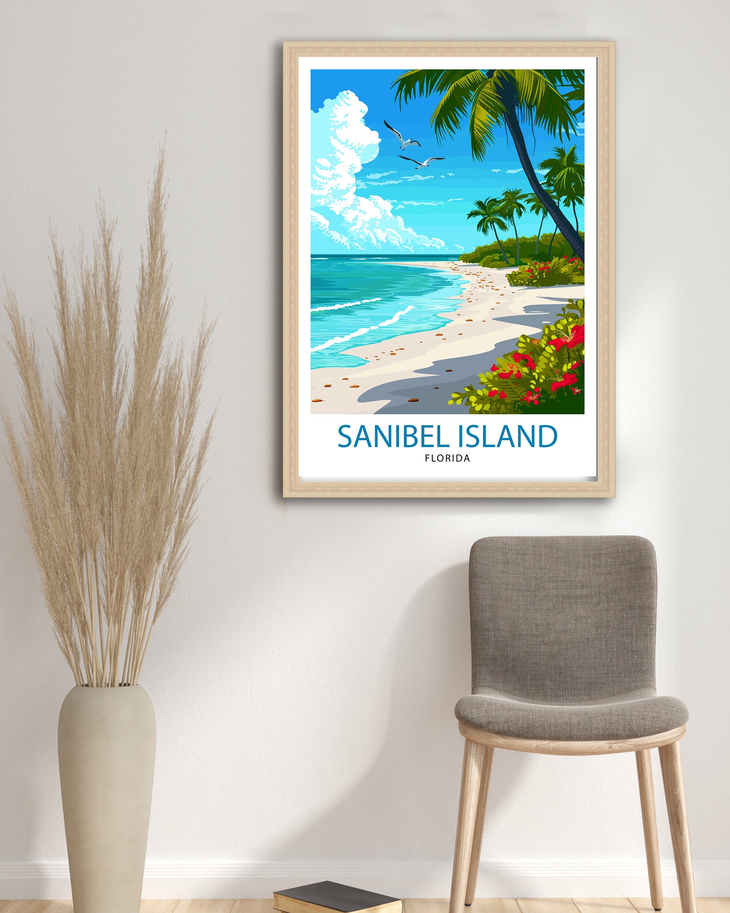 Sanibel Florida Print| Beach Paradise Art Sanibel Island Poster Coastal Wildlife Wall Decor Florida Gulf Coast Illustration Seashell