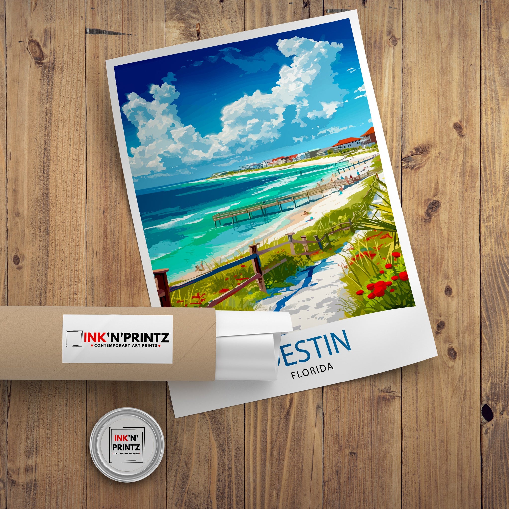 Destin Florida Print Emerald Coast Art White Sand Beach Poster Gulf of Mexico Wall Decor Florida Panhandle Illustration Coastal Town Artwork