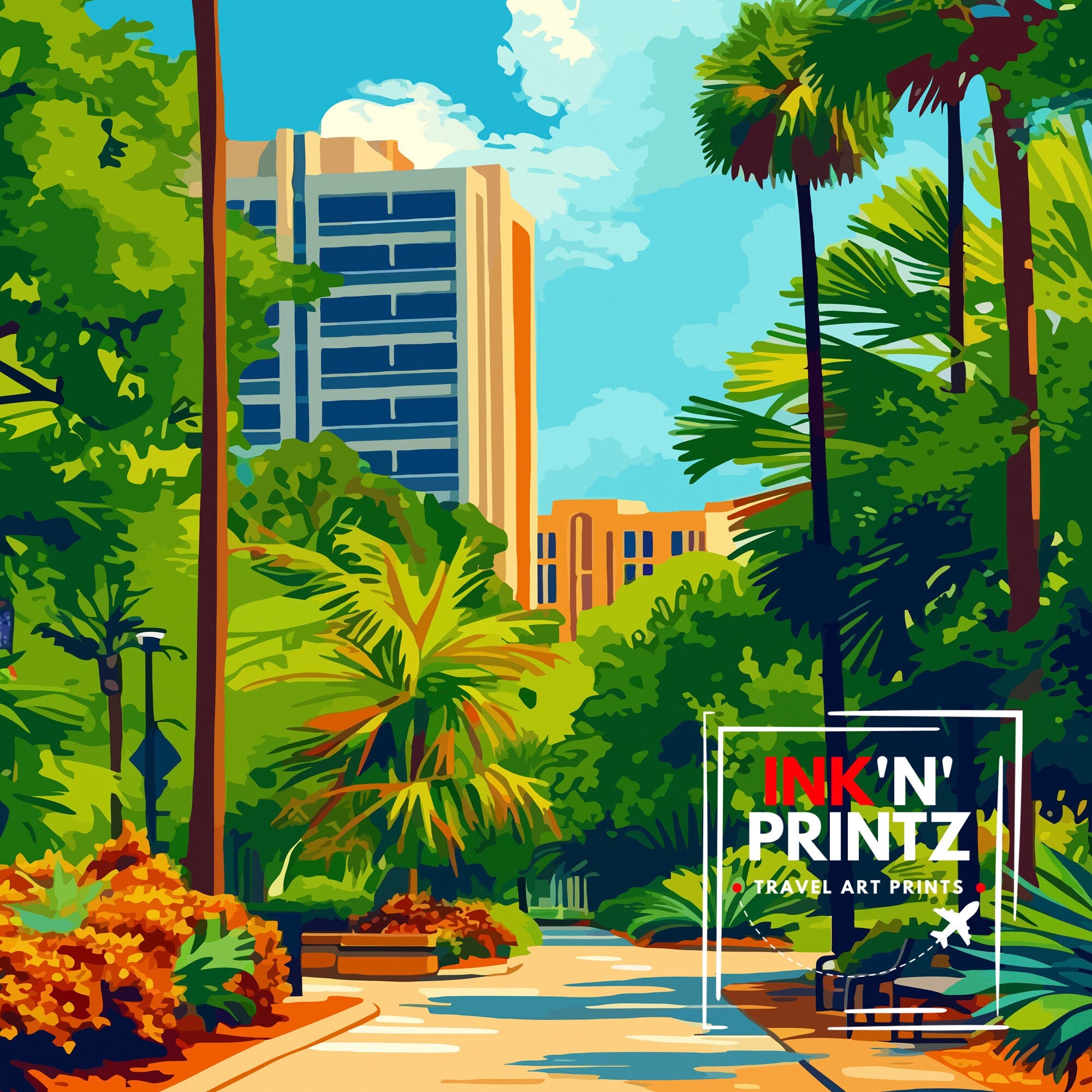 Tallahassee Florida Print| State Capital Art Southern City Poster Florida Panhandle Wall Decor Historical Landmarks Illustration