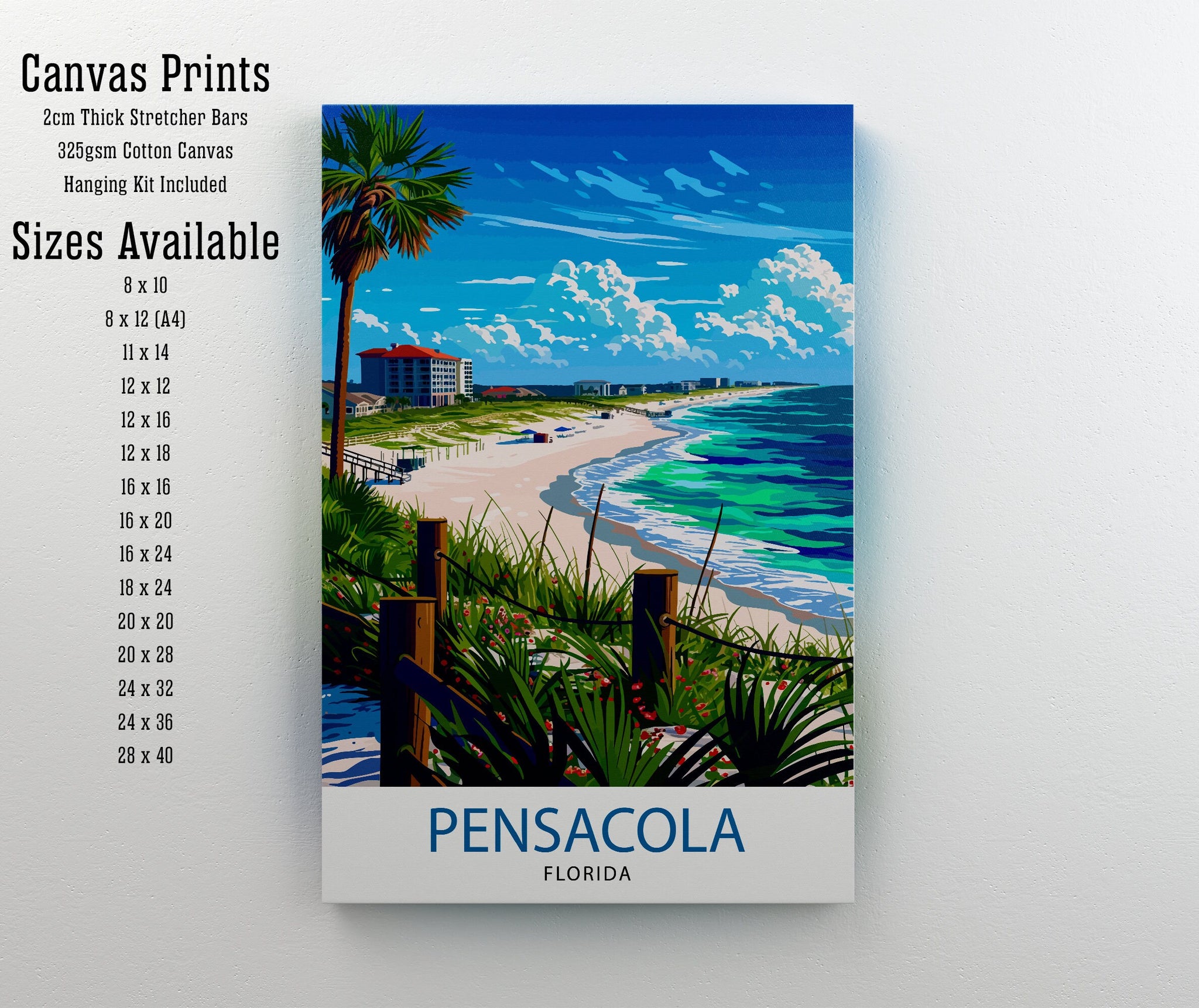 Pensacola Florida Print| Gulf Coast City Art Historic Seaside Town Poster Florida Panhandle Wall Decor Naval Aviation Illustration
