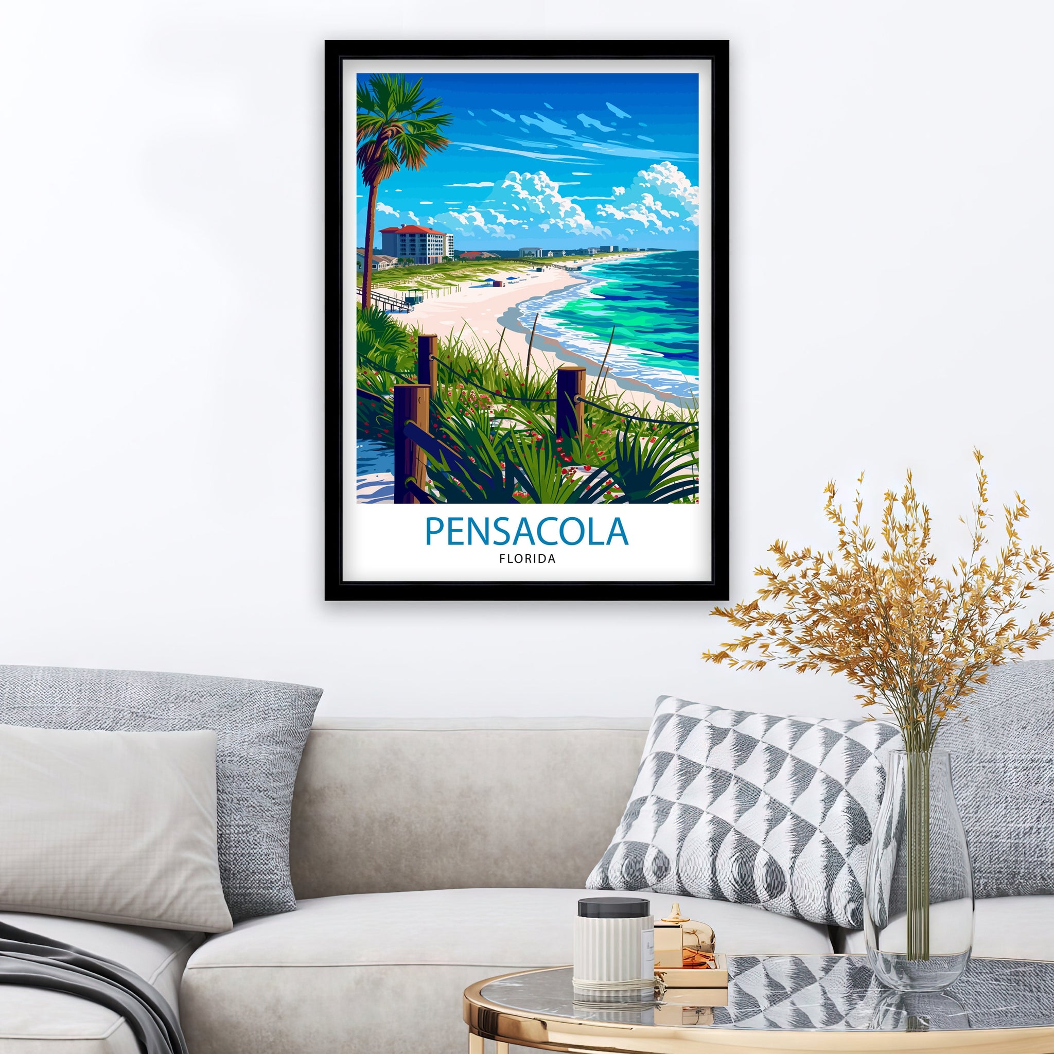 Pensacola Florida Print| Gulf Coast City Art Historic Seaside Town Poster Florida Panhandle Wall Decor Naval Aviation Illustration