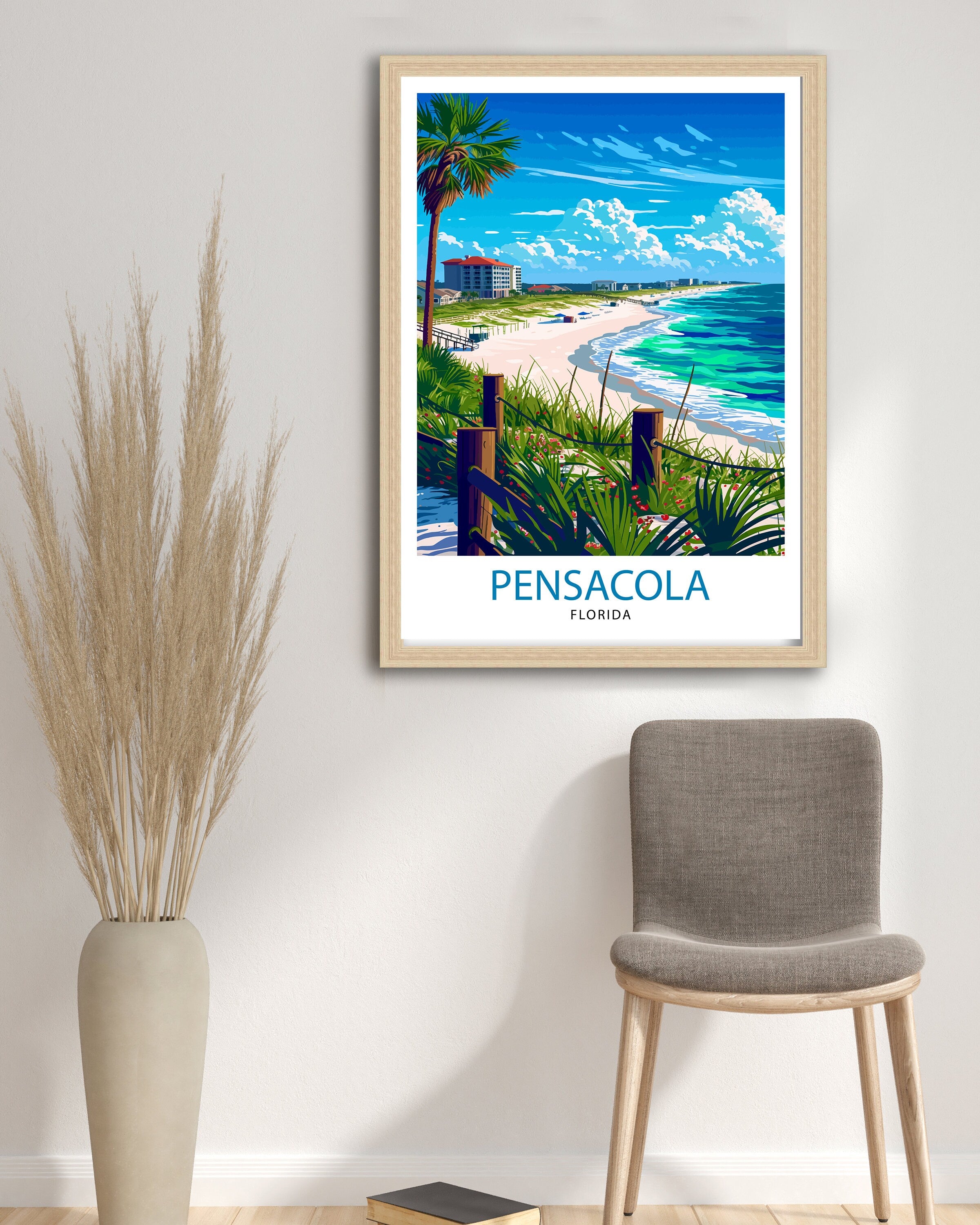 Pensacola Florida Print| Gulf Coast City Art Historic Seaside Town Poster Florida Panhandle Wall Decor Naval Aviation Illustration