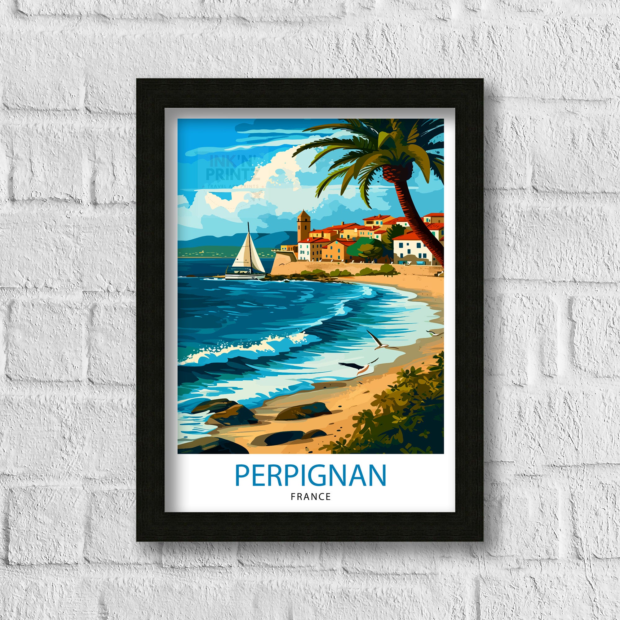 Perpignan France Print Catalonian Influence Art French City Poster Languedoc-Roussillon Wall Decor Historic Architecture Illustration