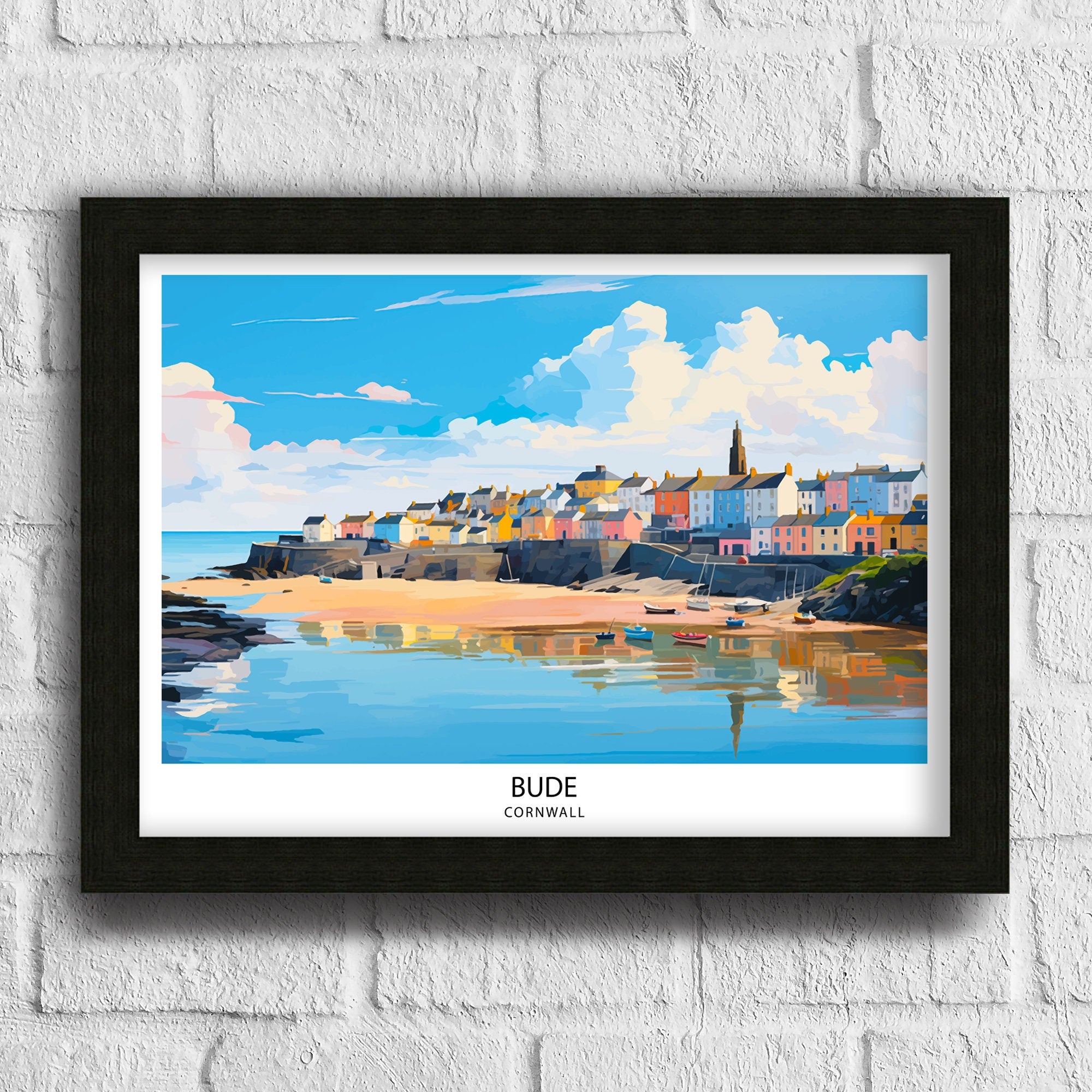 Bude Cornwall Print Coastal Town Art Cornish Seaside Poster Bude Beach Wall Decor North Cornwall Landscape English Beach Town Illustration