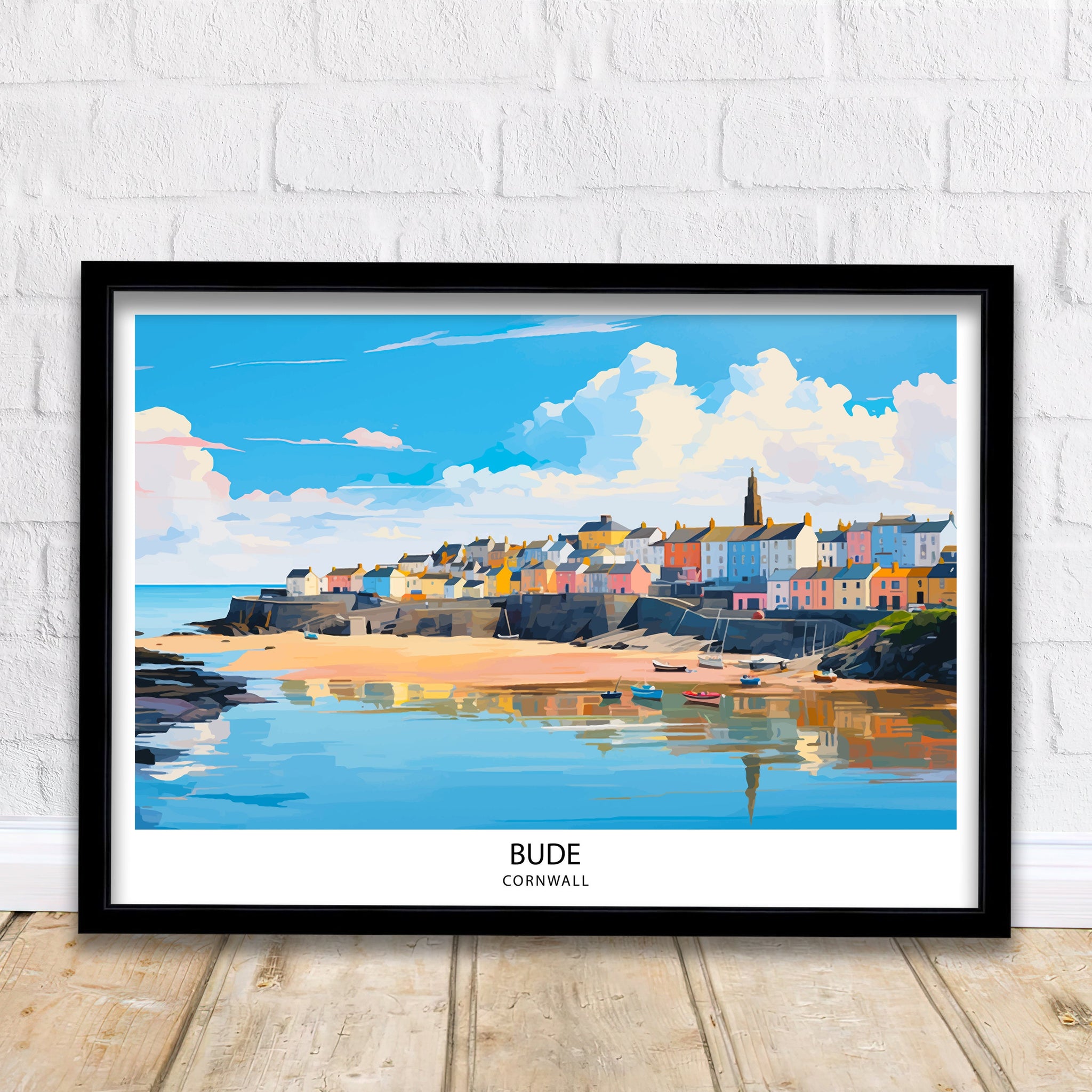 Bude Cornwall Print Coastal Town Art Cornish Seaside Poster Bude Beach Wall Decor North Cornwall Landscape English Beach Town Illustration