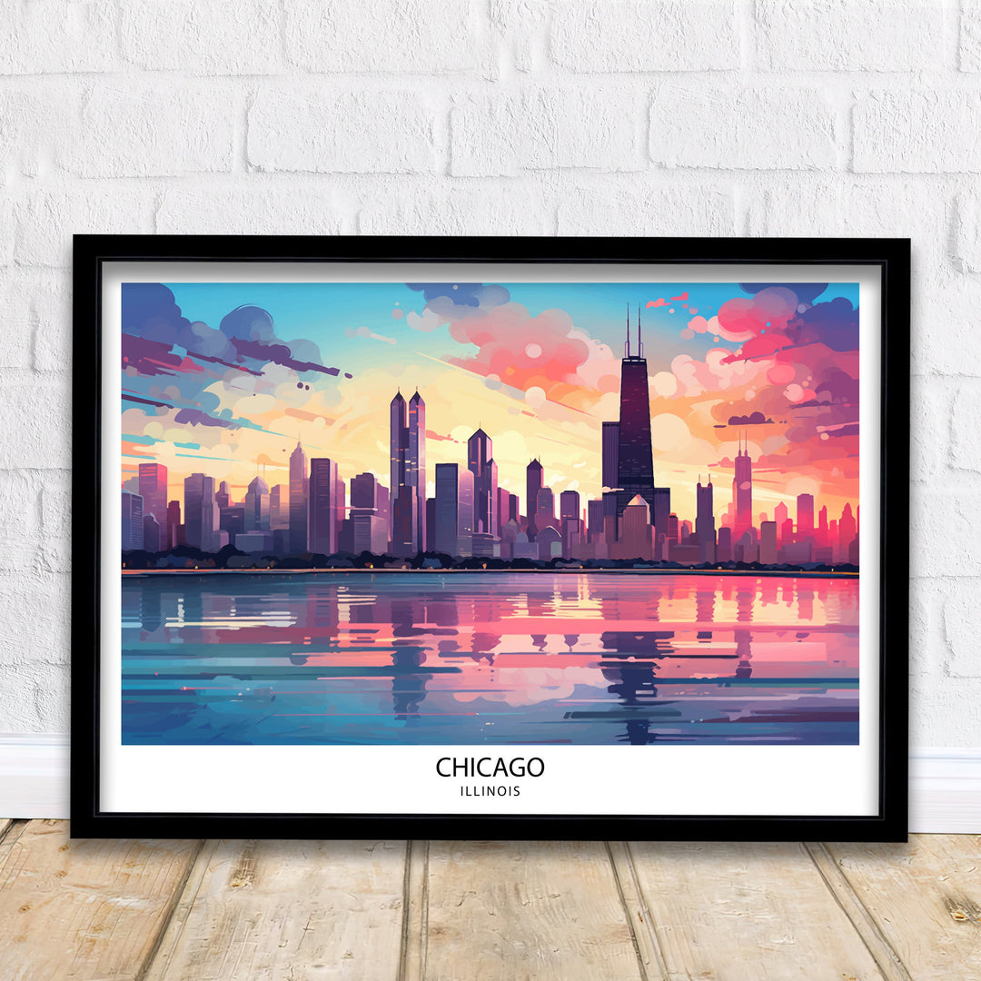 Chicago Travel Print Chicago Wall Art Chicago Poster Chicago Illinois Print Chicago Skyline Art Travel Decor Chicago Gift