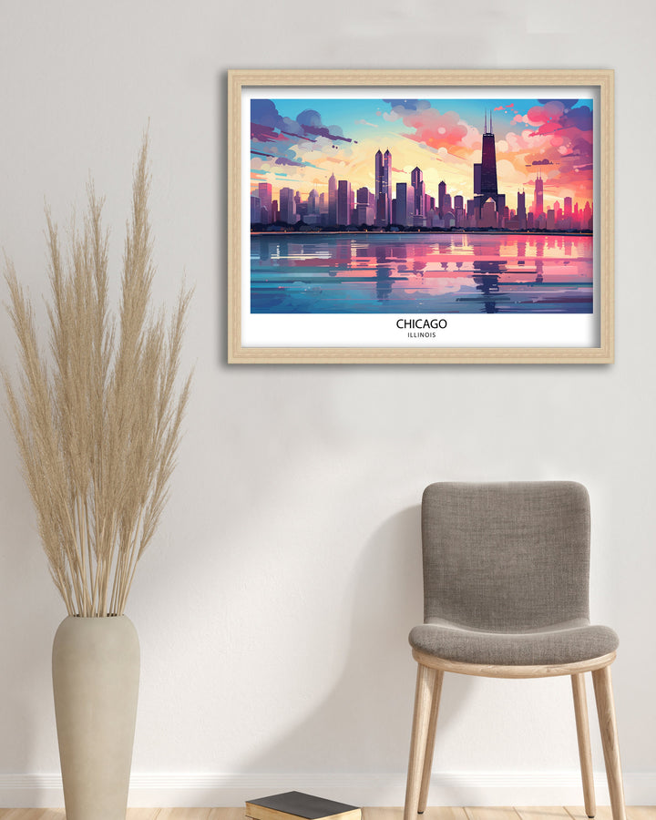 Chicago Travel Print Chicago Wall Art Chicago Poster Chicago Illinois Print Chicago Skyline Art Travel Decor Chicago Gift