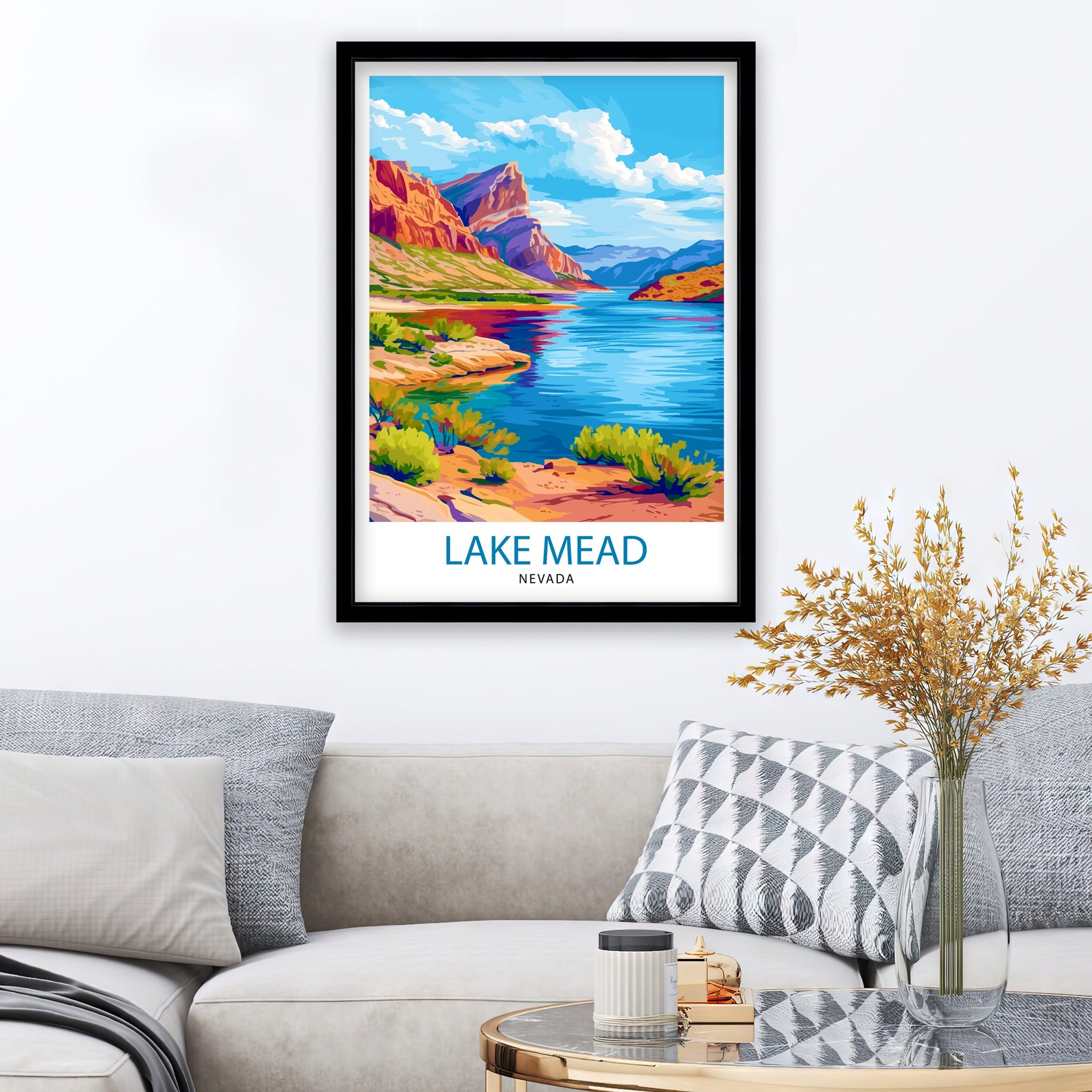 Lake Mead Nevada Print Desert Reservoir Art Hoover Dam Poster Recreational Area Wall Decor Southwest Landscape Illustration Water