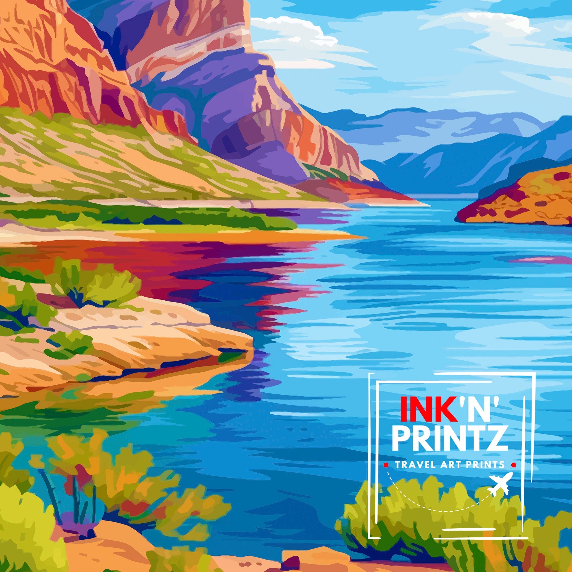 Lake Mead Nevada Print Desert Reservoir Art Hoover Dam Poster Recreational Area Wall Decor Southwest Landscape Illustration Water