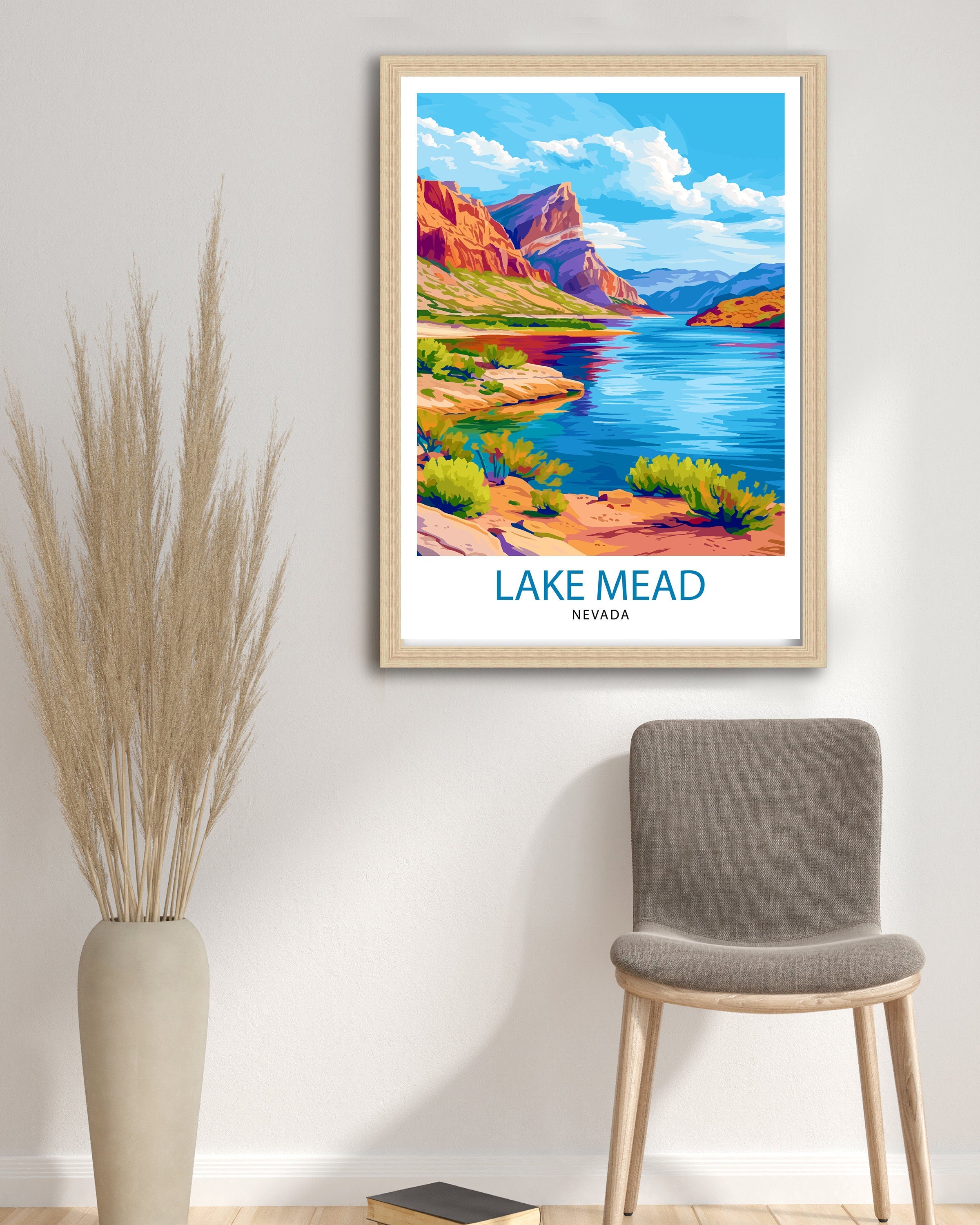Lake Mead Nevada Print Desert Reservoir Art Hoover Dam Poster Recreational Area Wall Decor Southwest Landscape Illustration Water