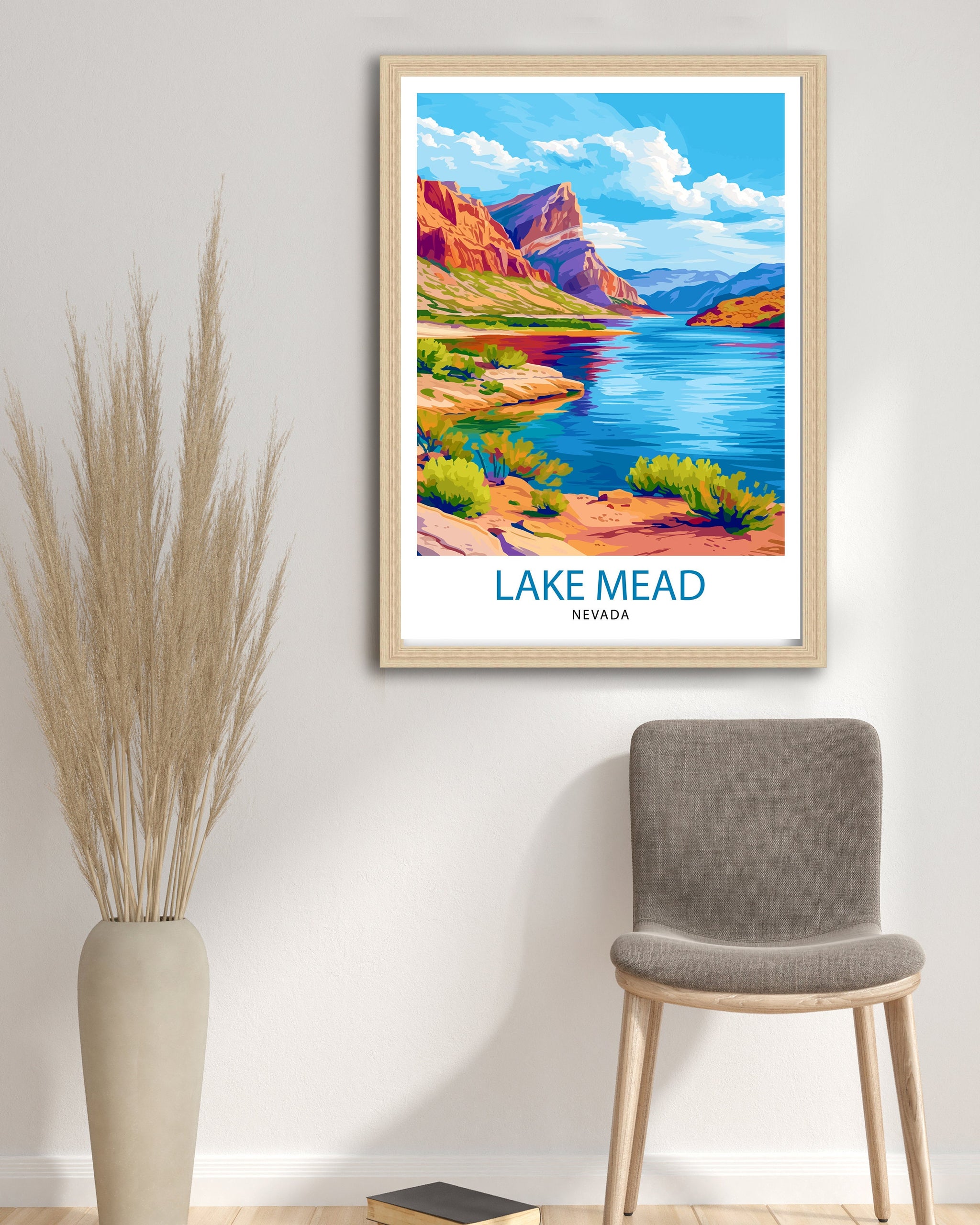 Lake Mead Nevada Print Desert Reservoir Art Hoover Dam Poster Recreational Area Wall Decor Southwest Landscape Illustration Water