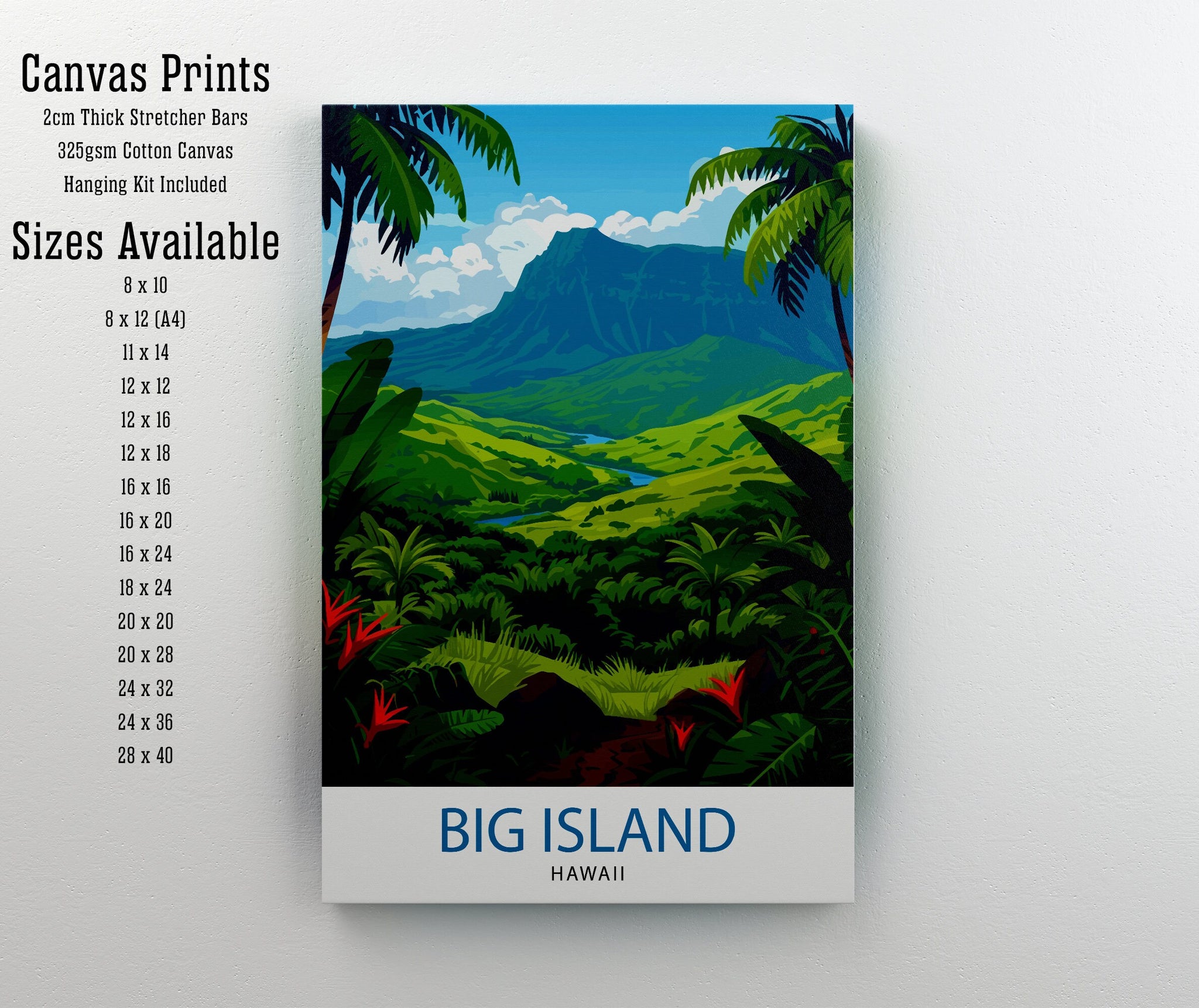 Big Island Hawaii Print| Volcanic Landscape Art Hawaiian Beach Poster Tropical Paradise Wall Decor Pacific Ocean Illustration