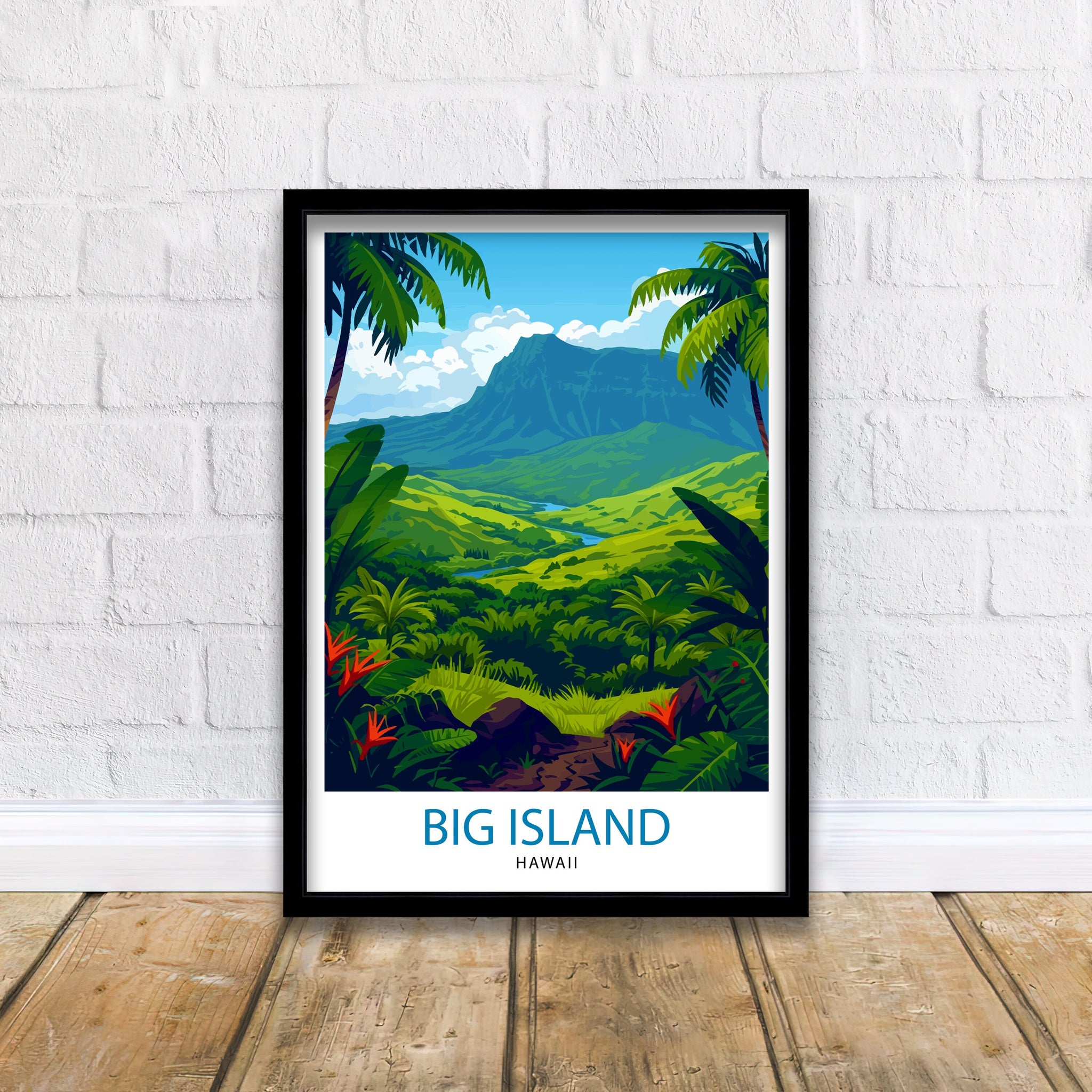 Big Island Hawaii Print| Volcanic Landscape Art Hawaiian Beach Poster Tropical Paradise Wall Decor Pacific Ocean Illustration