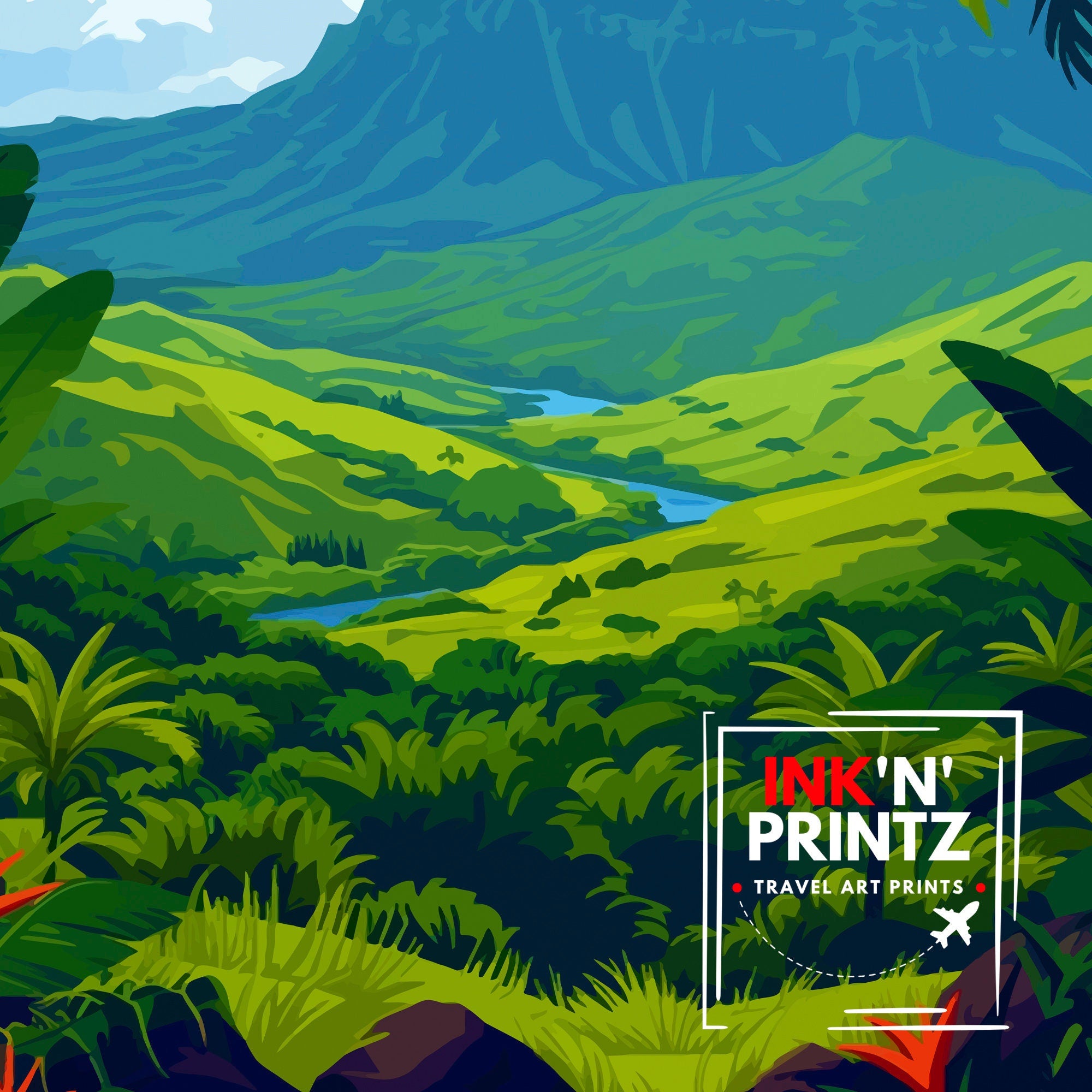 Big Island Hawaii Print| Volcanic Landscape Art Hawaiian Beach Poster Tropical Paradise Wall Decor Pacific Ocean Illustration