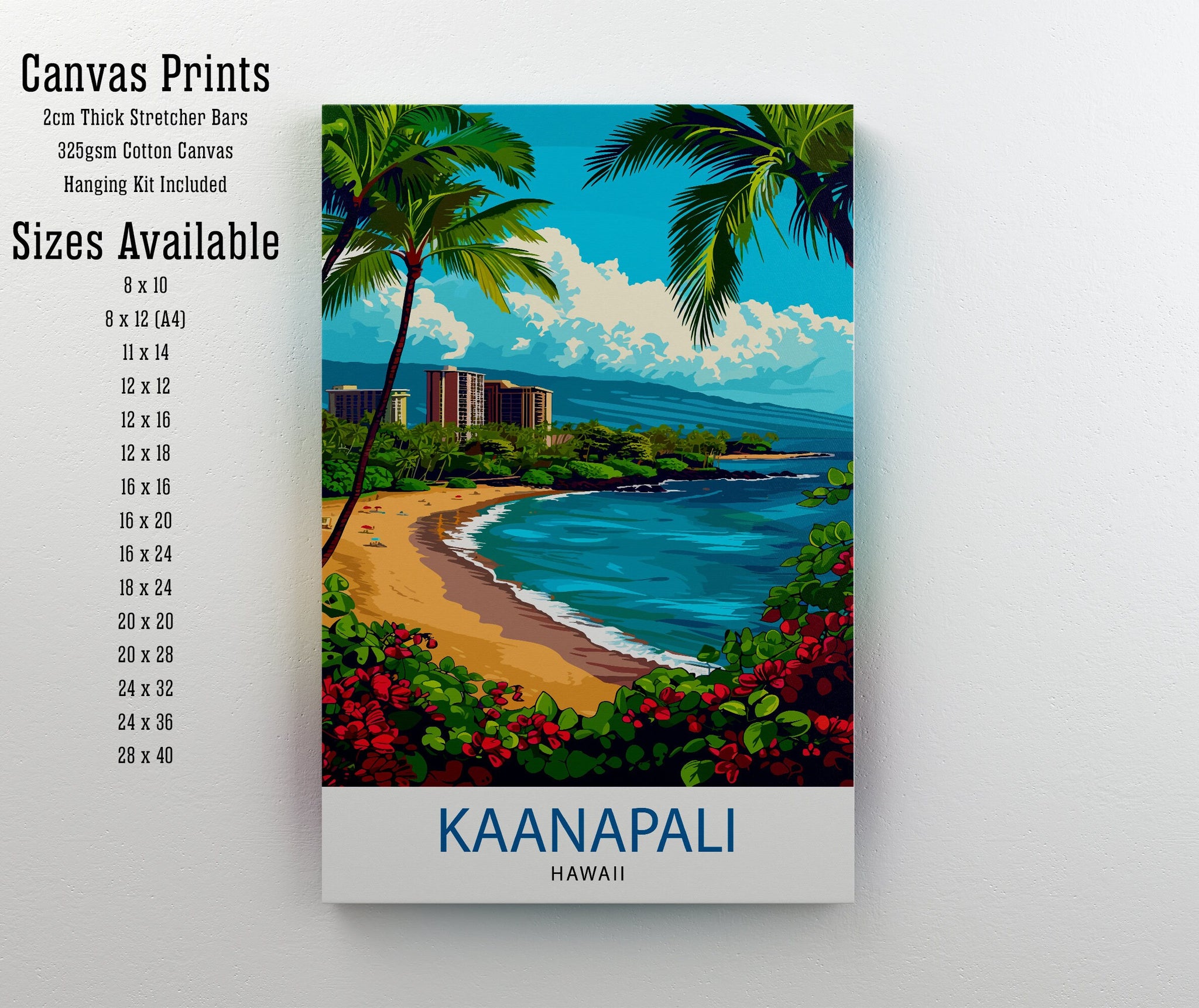 Kaanapali Beach Travel Print Hawaii Wall Art Maui Island Decor Kaanapali Beach Illustration Travel Poster Gift Beach House Decor