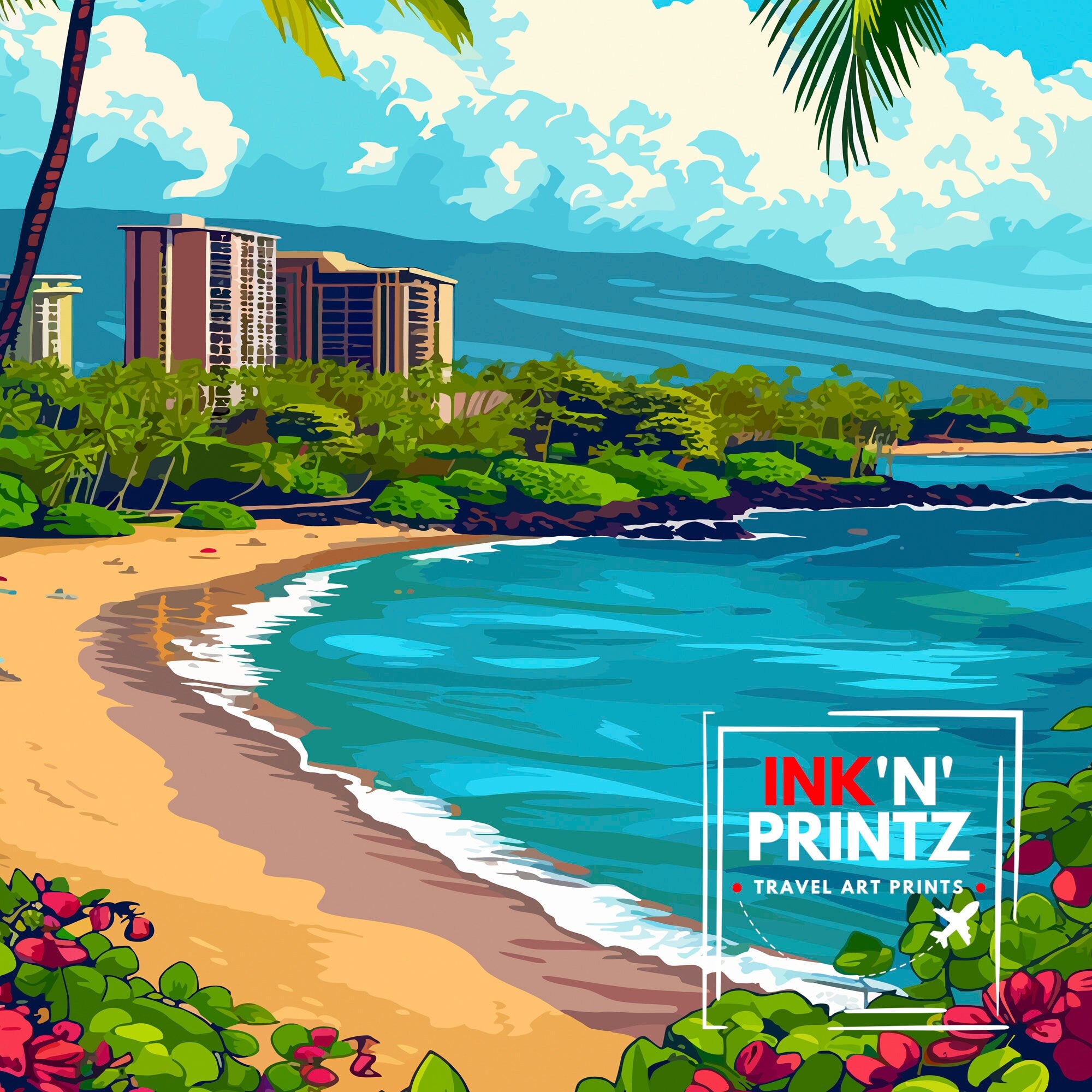 Kaanapali Beach Travel Print Hawaii Wall Art Maui Island Decor Kaanapali Beach Illustration Travel Poster Gift Beach House Decor