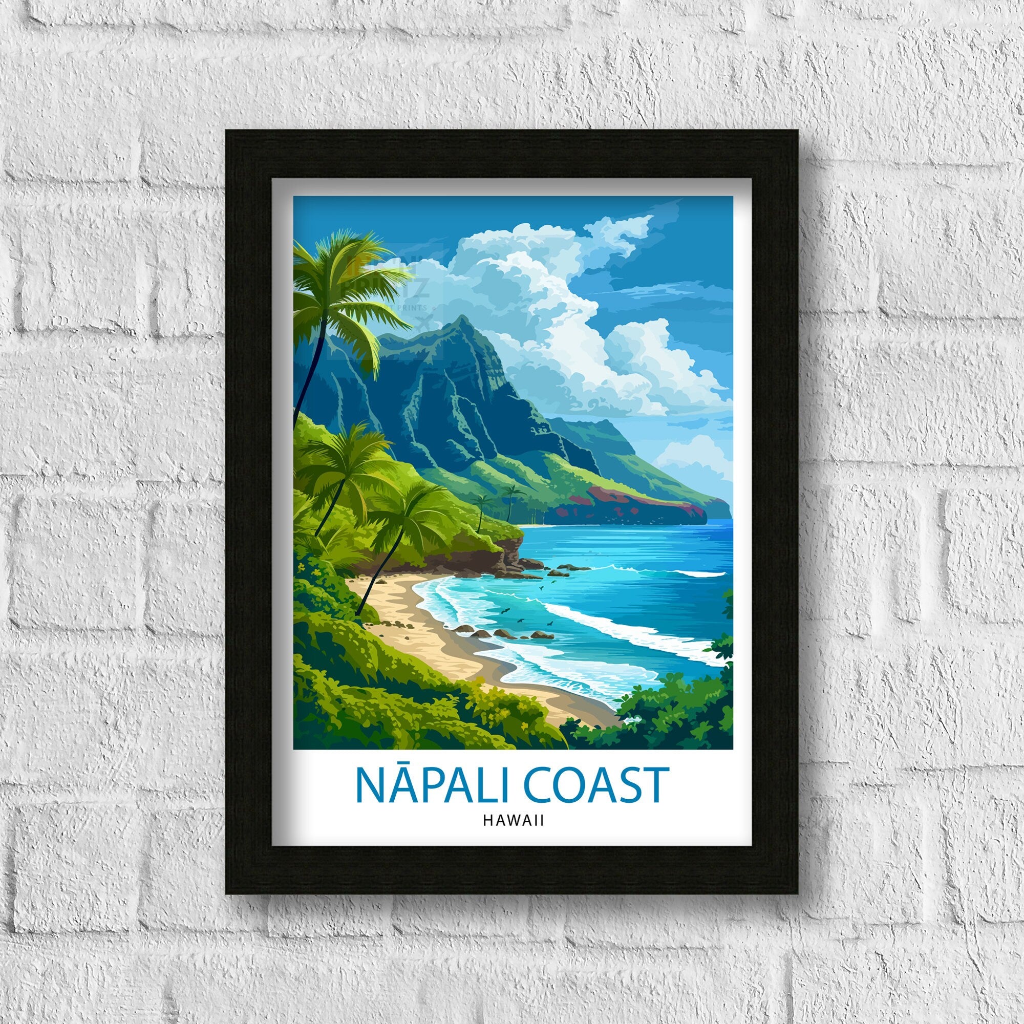 Napali Coast Hawaii Print Kauai Island Art Hawaiian Cliffs Poster Pacific Ocean Wall Decor Tropical Paradise Illustration Adventure Travel