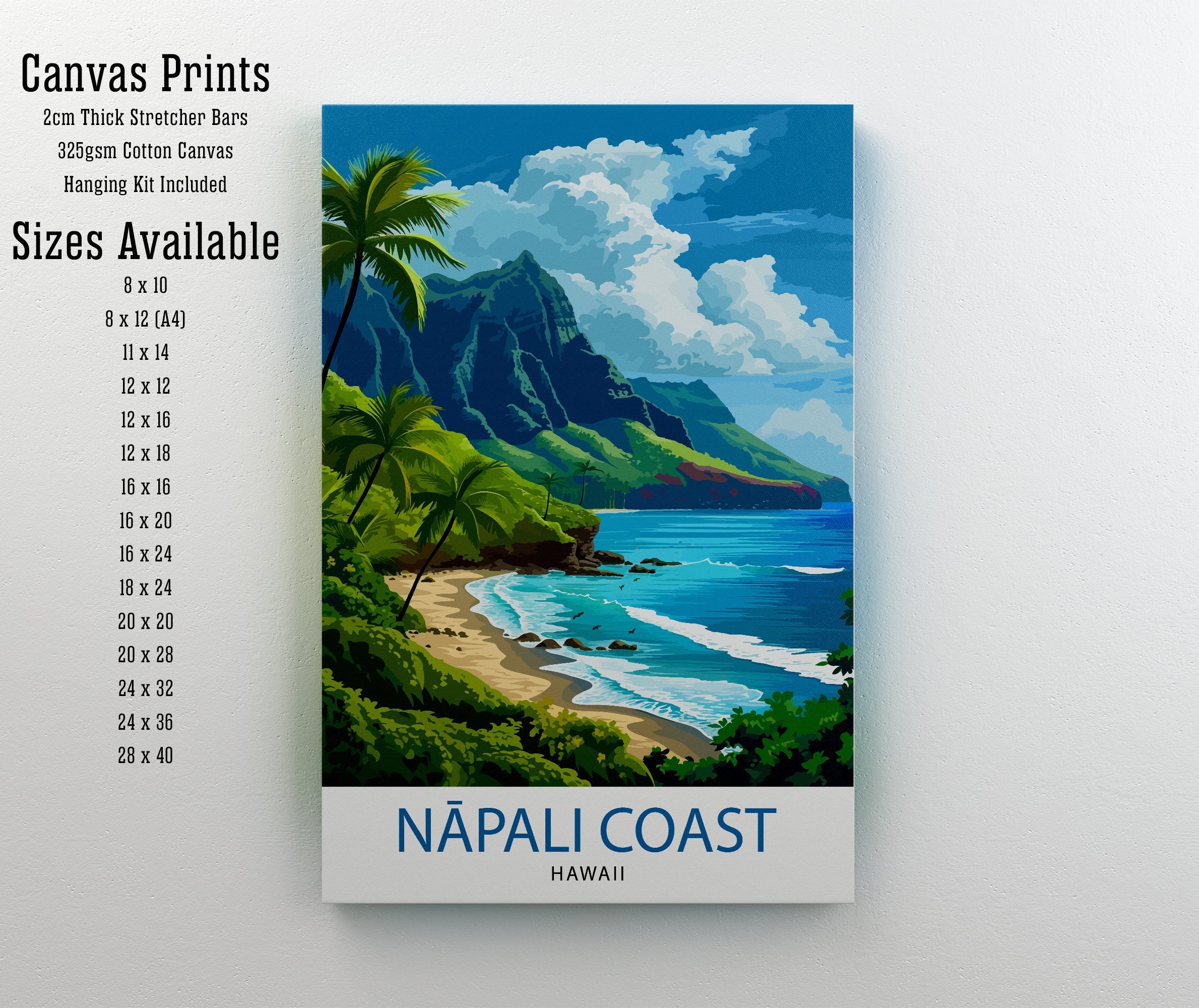 Napali Coast Hawaii Print Kauai Island Art Hawaiian Cliffs Poster Pacific Ocean Wall Decor Tropical Paradise Illustration Adventure Travel